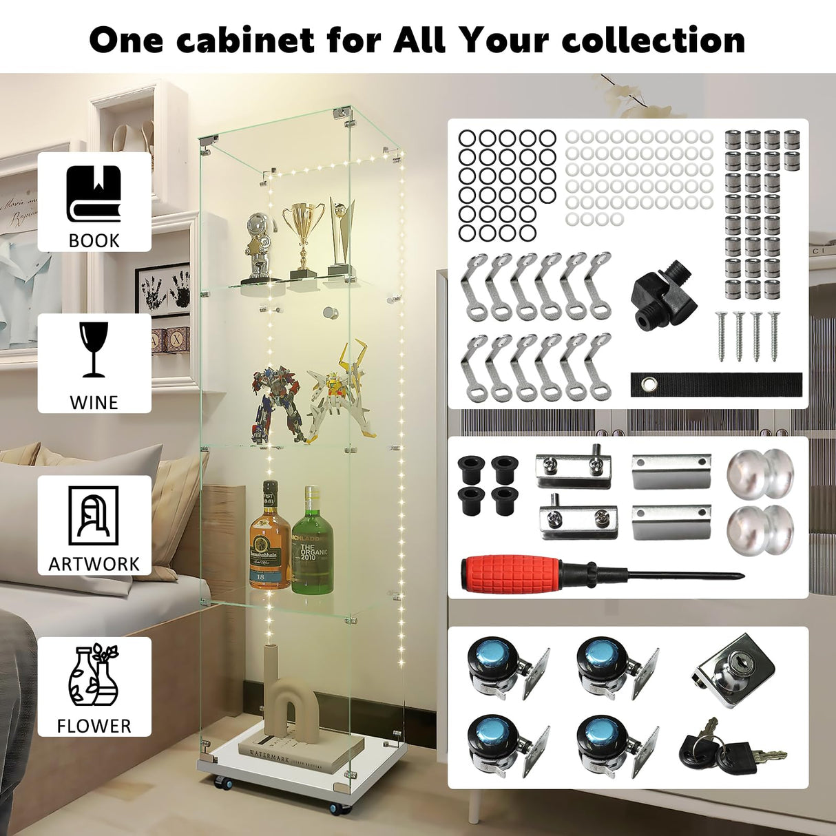 Buzleer Glass Display Cabinet with Lock LED Lighting 4-Tier 1-Door Full Vision Showcase Curio Cabinets Tempered Glass Display Case with Wheels for Living Room Bedroom Office, 65"*15.7"*13.6",White Buzleer