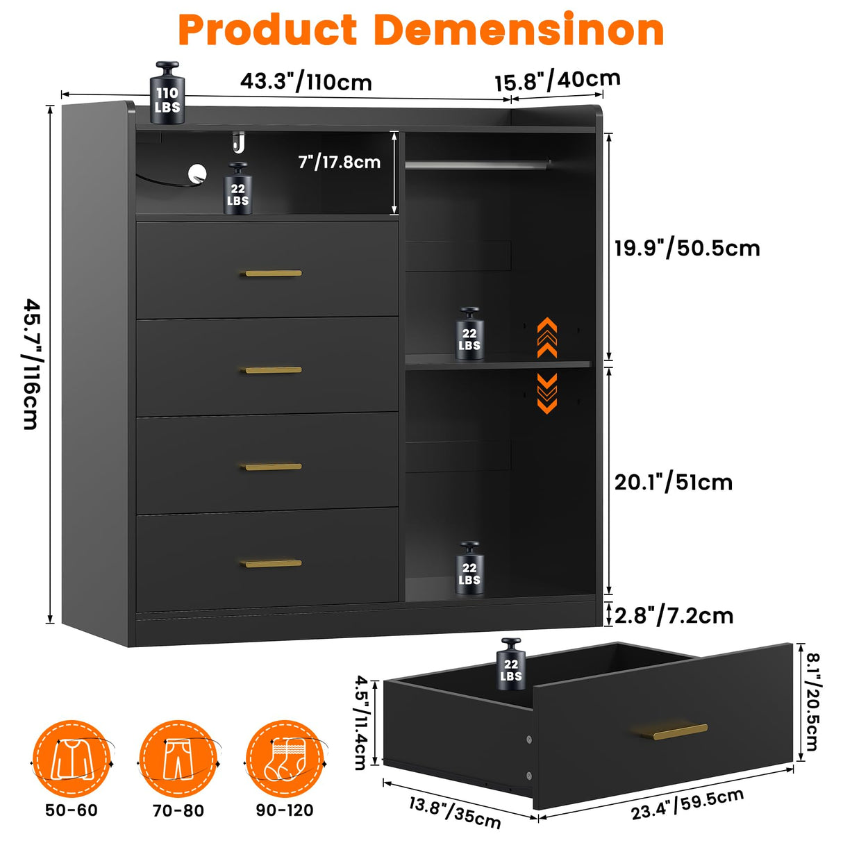 Bigbiglife Dresser with Clothes Rack for Bedroom Wood, 4 Drawer Dresser White with LED Lights and Power Outlet, 15.7" D x 43.3" W x 45.7" H, Tall Storage Chest of Drawers with Flexible Shelf,Black Bigbiglife