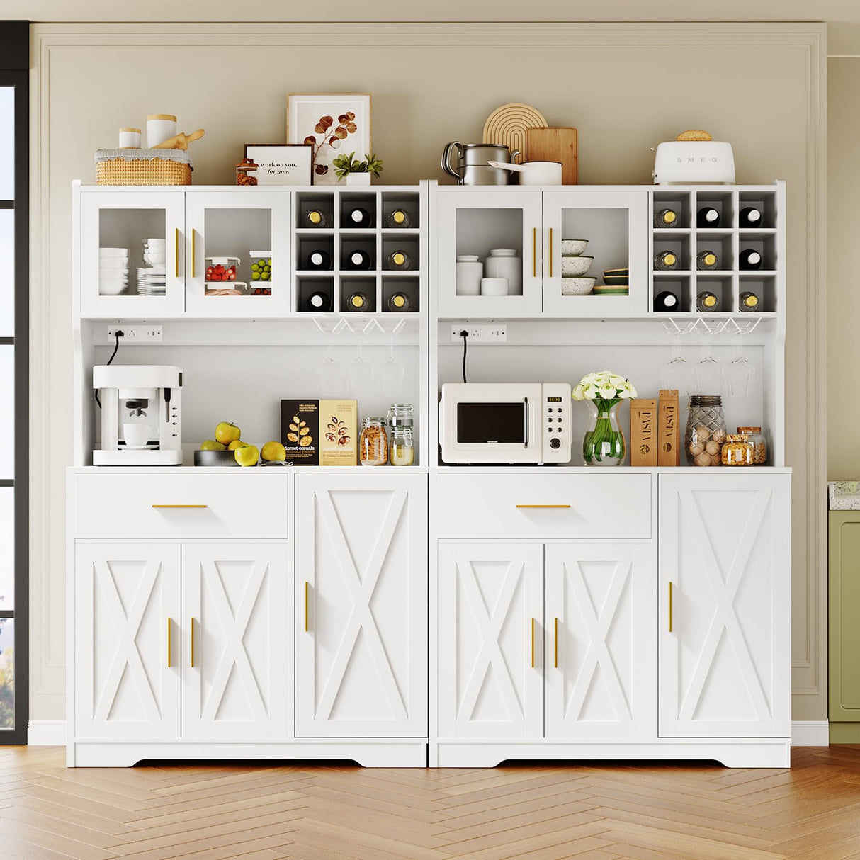 HOOBRO Pantry Cabinet with LED Lights and Charging Station, Kitchen Pantry Cabinet, 71" Tall Farmhouse Pantry with Microwave Shelf, Door Shelves, Wine Rack and Glass Holder, White WT10UDPC01 HOOBRO