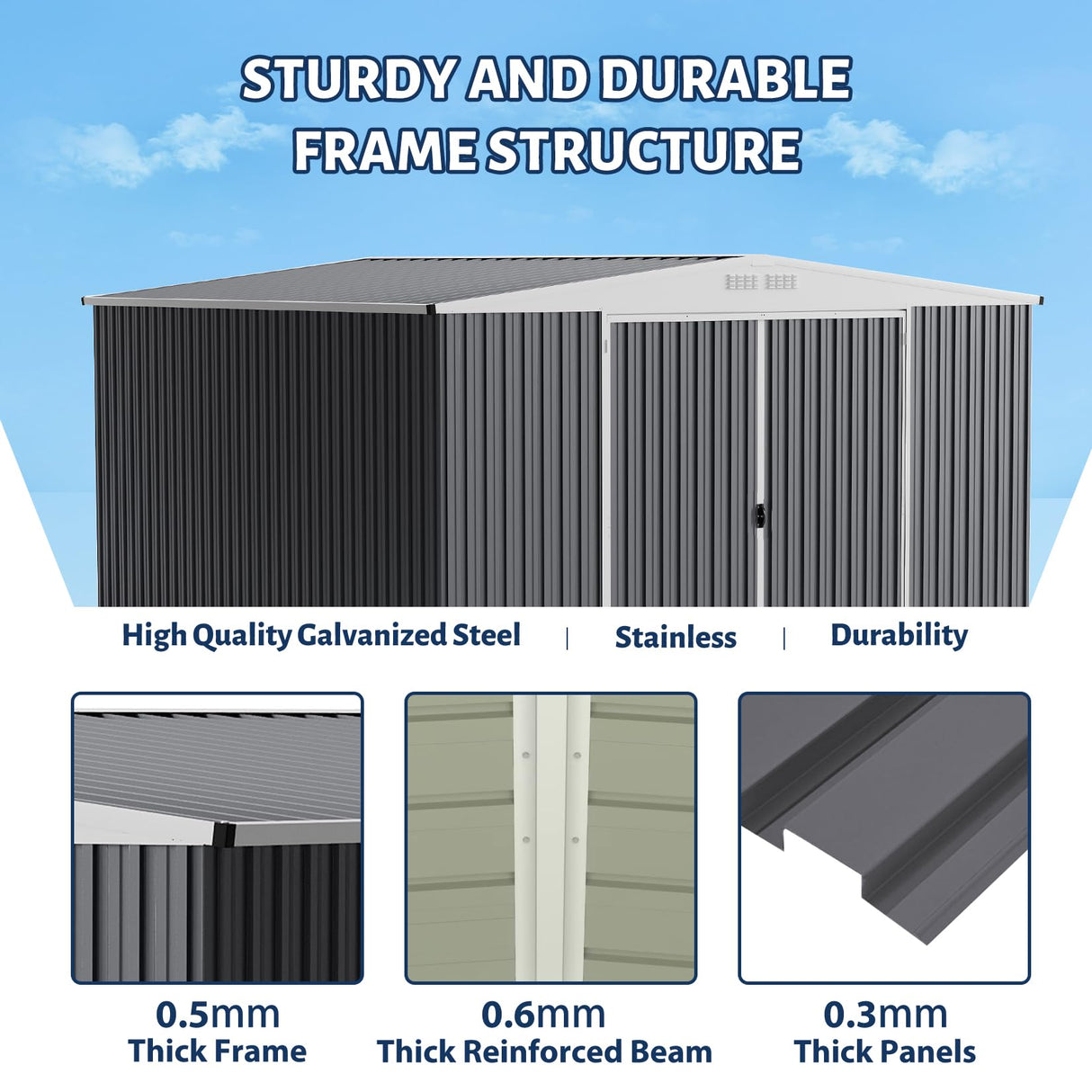 GarveeLife 9x12 Shed for Outdoor Storage, Galvanized Steel Metal Tool Sheds House with Lockable Doors, Lock & Air Vent, Large Utility Sheds for Patio Garden Lawn (9x12.6, Grey) GarveeLife