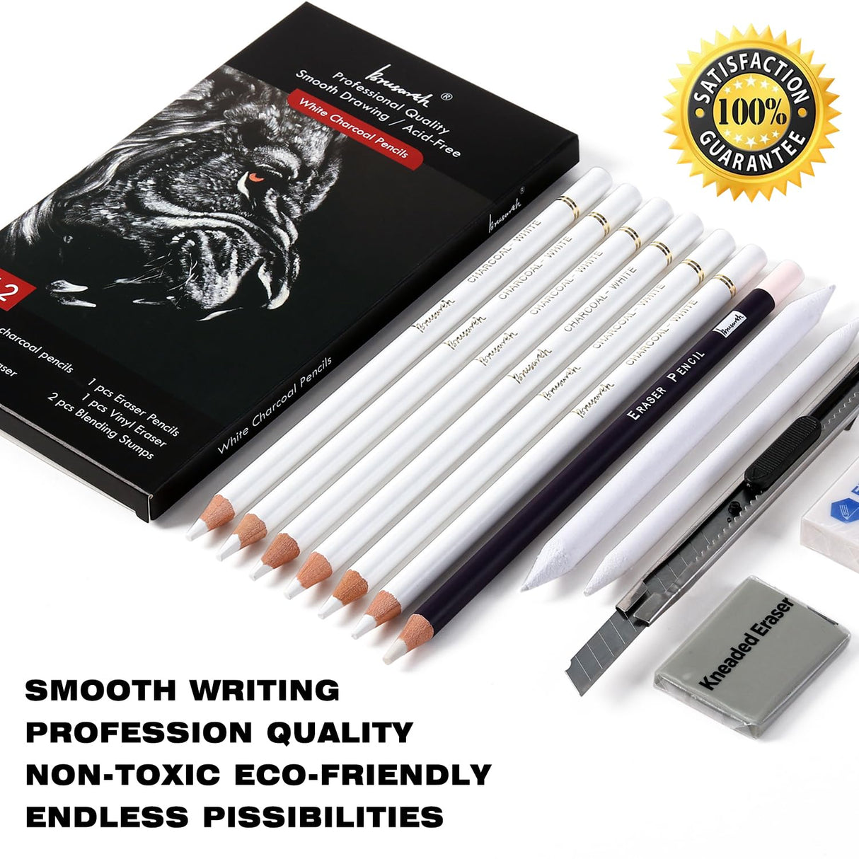 Brusarth White Charcoal Pencils Set - 12 Piece Sketch Highlight White Pencils Set for Drawing, Sketching, Shading, Blending, Artist Pencils for Artists, Professionals or Beginners Brusarth