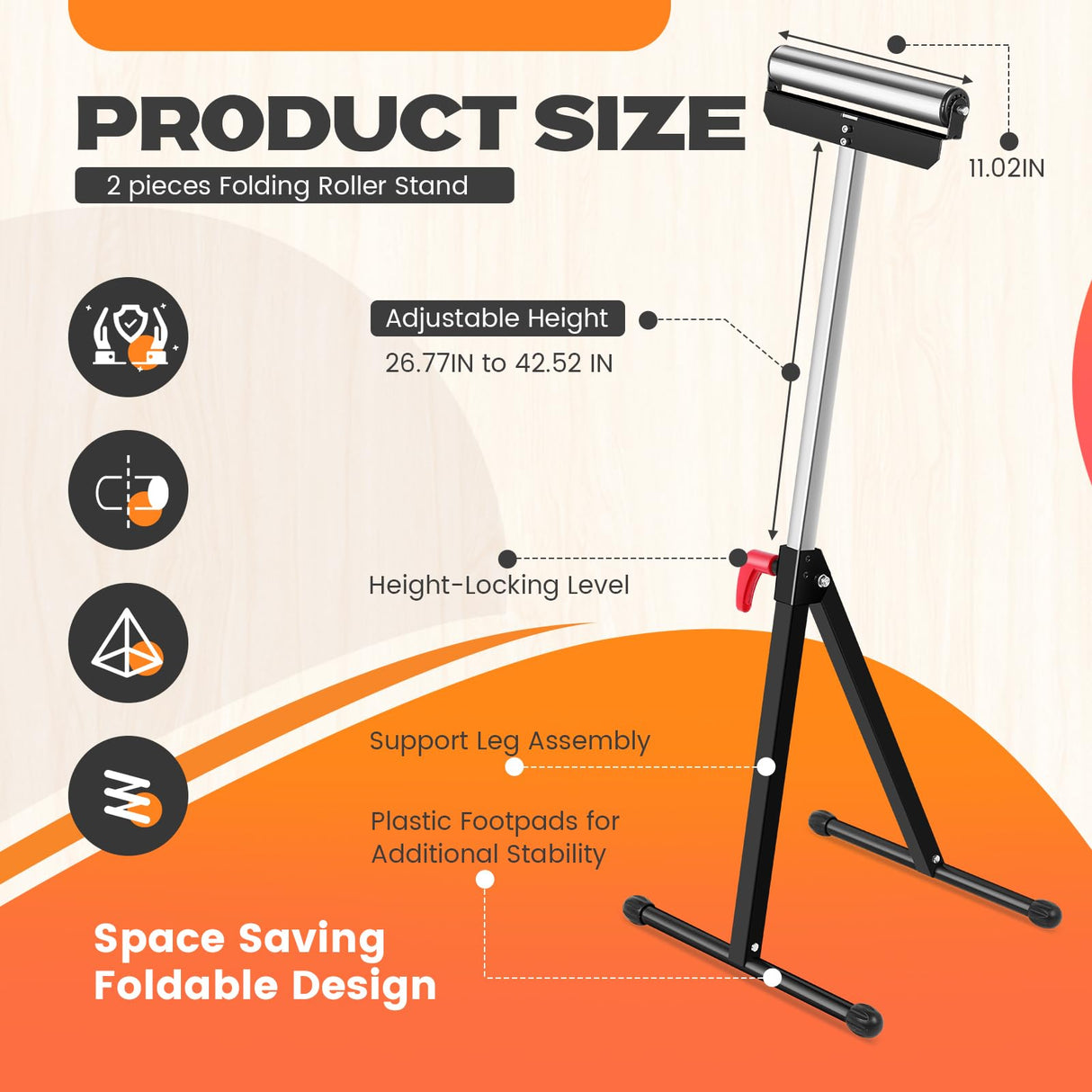 Tandefio 2 Pack Folding Roller Stand 198 LB Height Adjustable Roller Support Stand 27-43 Inch, Heavy Duty Load Capacity, Outfeed Woodworking, Black Tandefio