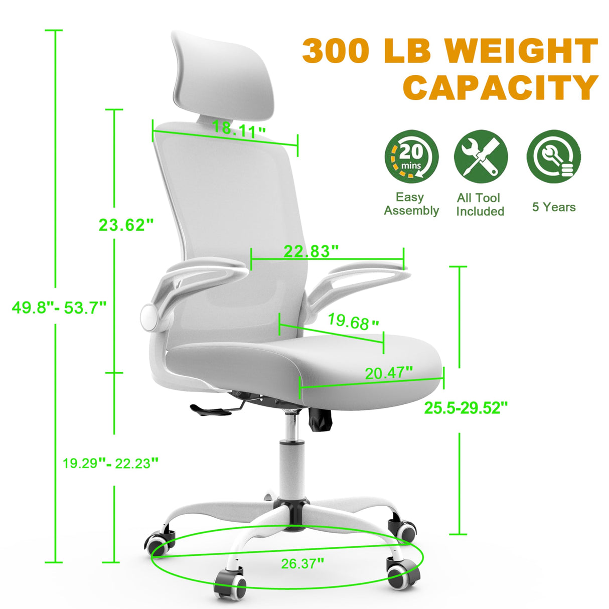 Mimoglad Office Chair, High Back Ergonomic Desk Chair with Adjustable Lumbar Support and Headrest, Swivel Task Chair with flip-up Armrests for Guitar Playing, 5 Years Warranty Mimoglad