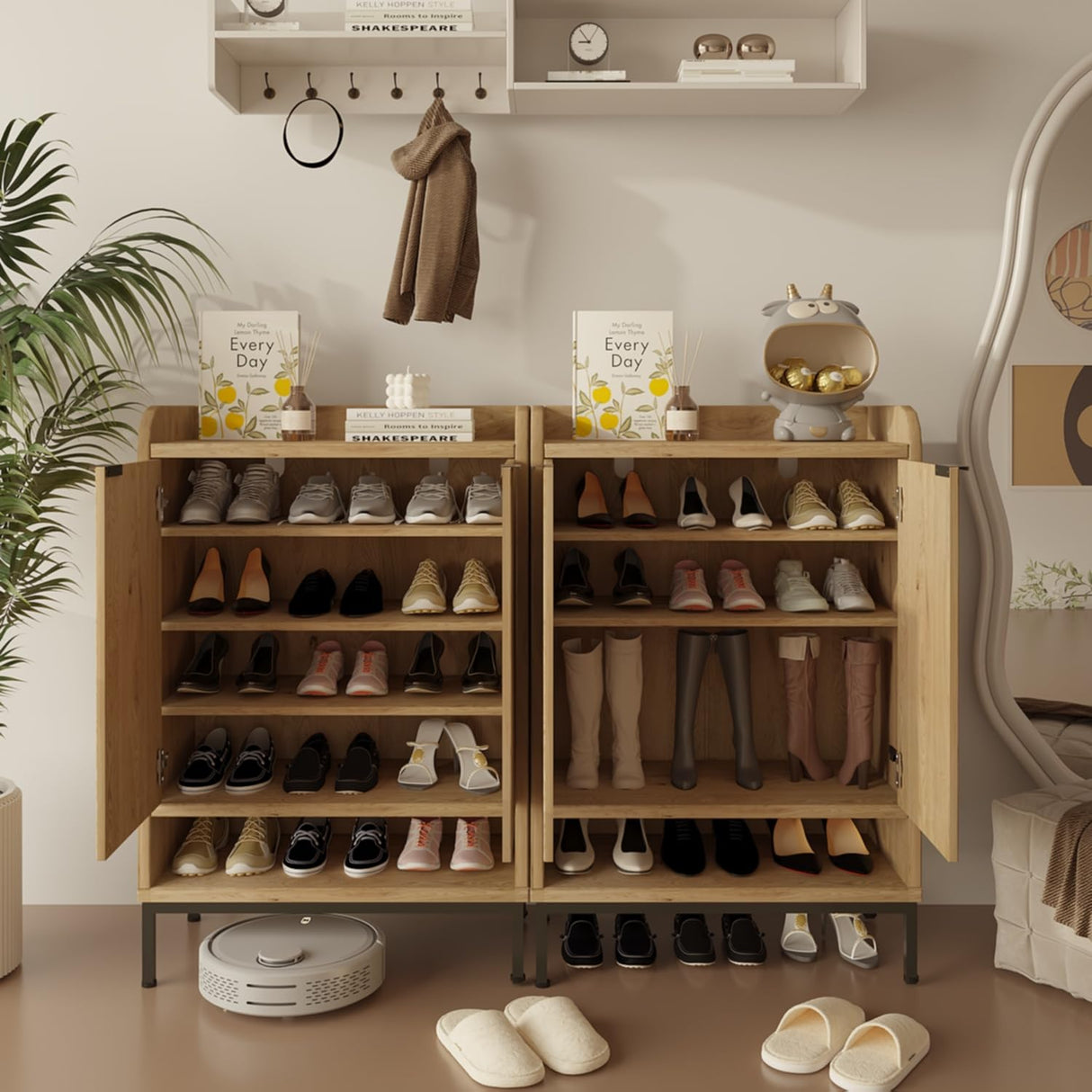 ALBSL Modern Shoe Cabinet with Fluted Door,5-Tier Farmhouse Shoe Cabinet with 3 Adjustable Shelves,41.5'' Tall Wooden Shoe Rack Organizer Cabinet for Entryway, Hallway,Living Room,Natural ALBSL