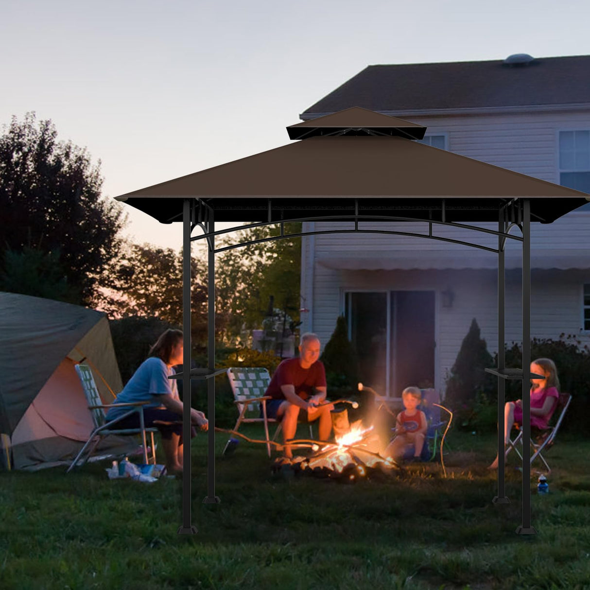 COVBOARD Grill Gazebo Replacement Top, 5 * 8 Outdoor BBQ Top Cover, Double Layer BBQ Gazebo Top Canopy for Model #L-GG001PST-F(Brown) COVBOARD