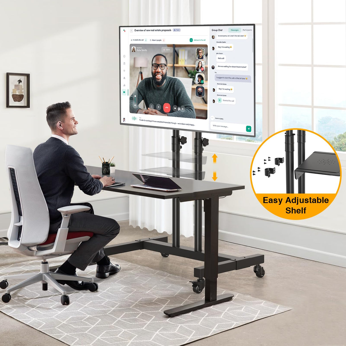 TVON Rolling TV Stand for 32-83 inch Flat Screen/Curved TVs up to 110 lbs, Height Adjustable Portable TV Stand on Wheels with Metal Laptop Shelf, TV Stands for Living Room, Home and Office Use TVON