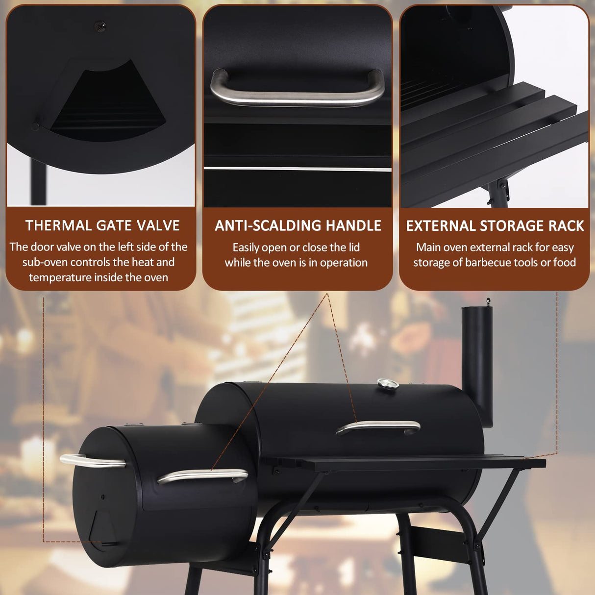 Charcoal Grills Outdoor BBQ Grill Offset Smoker with Wheels Side Fire Box Portable Barbecure Grill for Outdoor Cooking Backyard Camping Picnics,Black NChanmar