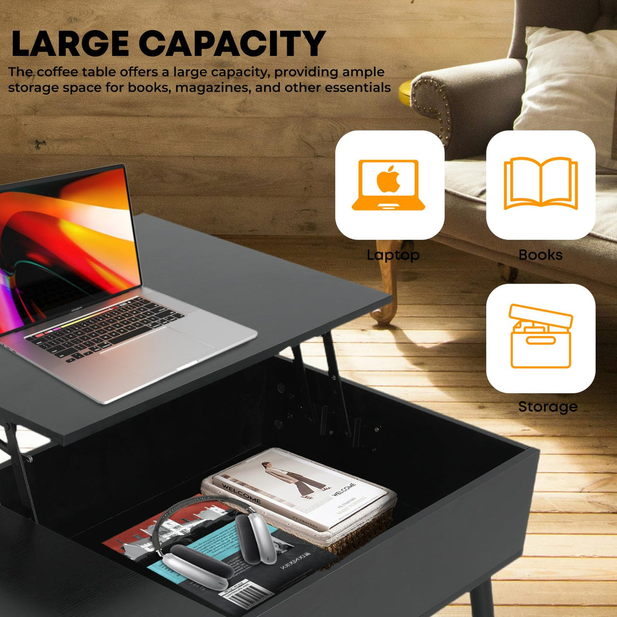 MGHH Wood Lift Top Coffee Table with Hidden Compartment & Adjustable Storage Shelf, Side Tables Lift Tabletop Dining Table for Home Living Room, Office, Reception Room, Black MGHH