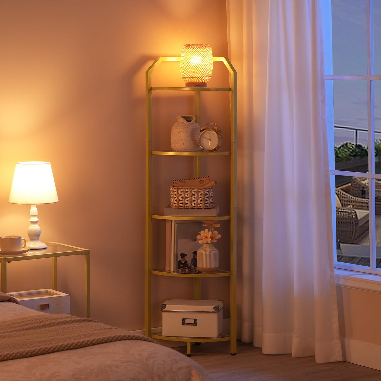 HOOBRO 5-Tier Corner Shelf Stand, Gold Corner Bookshelf, Tempered Glass Shelves, Bathroom Organizer, Corner Plant Stand, for Living Room, Study, Balcony, Home Office, Modern Style, Gold GD15CJ01 HOOBRO