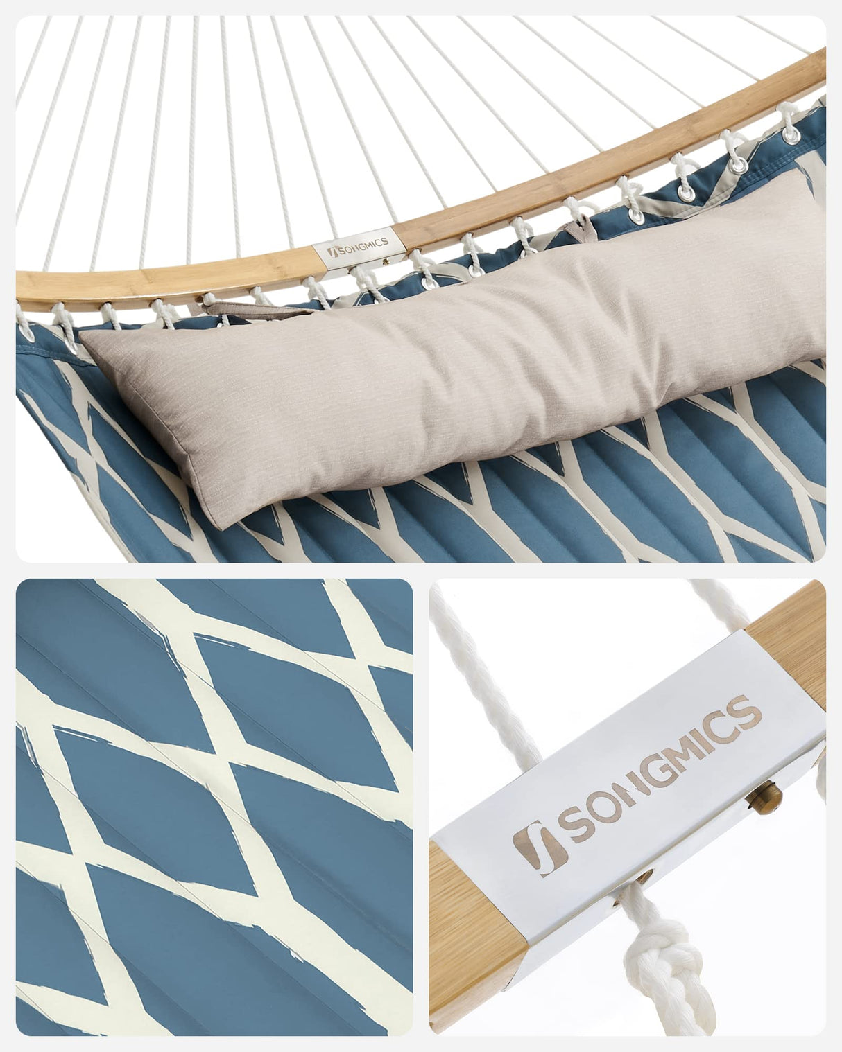 SONGMICS Hammock, Quilted Hammock with Curved Bamboo Spreaders, Pillow, 78.7 x 55.1 Inches, Portable Padded Hammock Holds up to 495 lb, Blue and Beige Rhombus UGDC034I02 SONGMICS