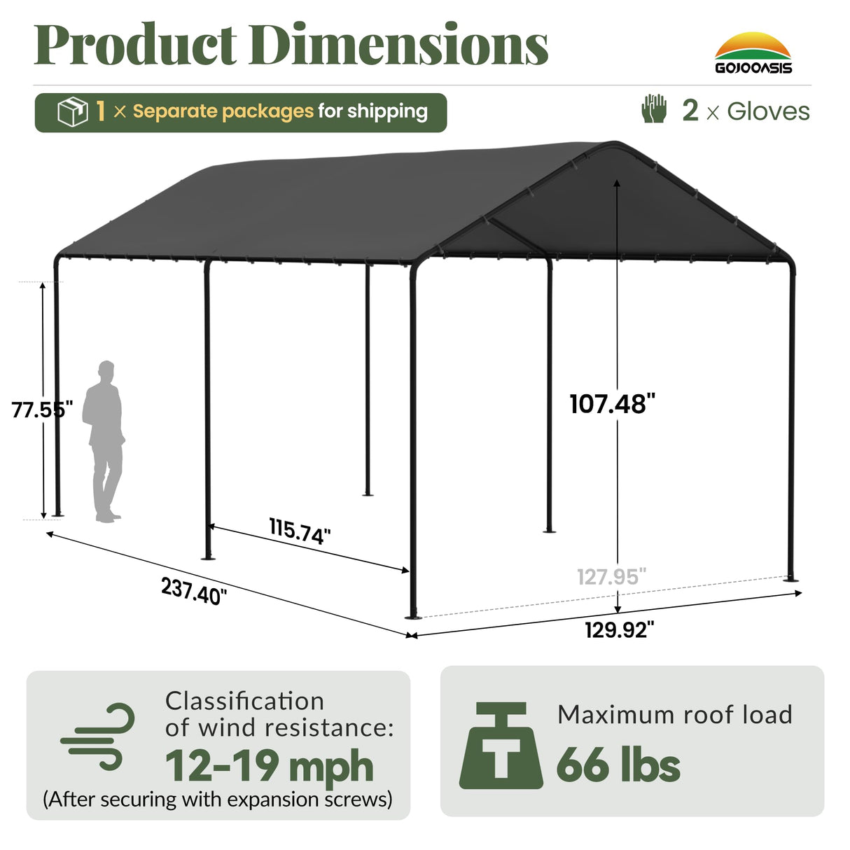 GOJOOASIS 10x20 Carport Heavy Duty Portable Garage Shelter Metal Car Canopy Tent with UV-Resistant & Weatherproof Top Cover for RV & Vehicles (Gray, 10x20 Without sidewalls) GOJOOASIS