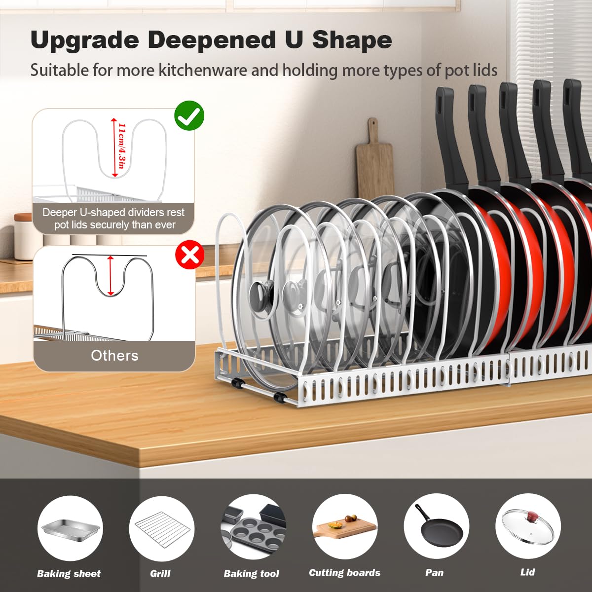Housolution Pot and Pan Organizer Rack for Cabinet, Upgraded Expandable Pot Lid Organizer with 14 Adjustable Dividers, Pan Holder Storage Rack for Kitchen Cabinet, White Housolution