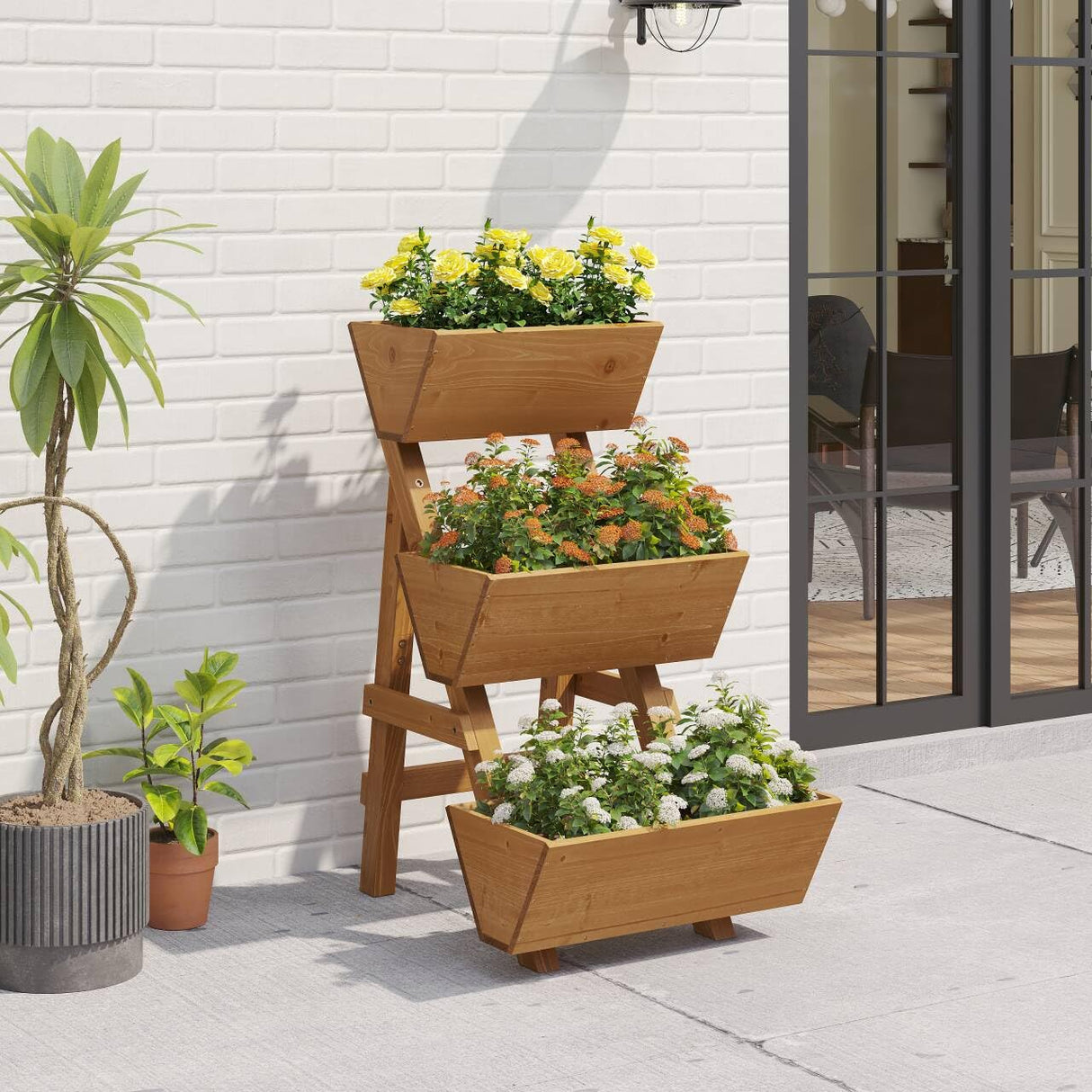 Dawnyard 3-Tiers Wooden Raised Garden Bed Tiered Planter Box Vertical Garden Planter Wood Plant Stand for Patio, Balcony, Freestanding. (Brown S) Dawnyard