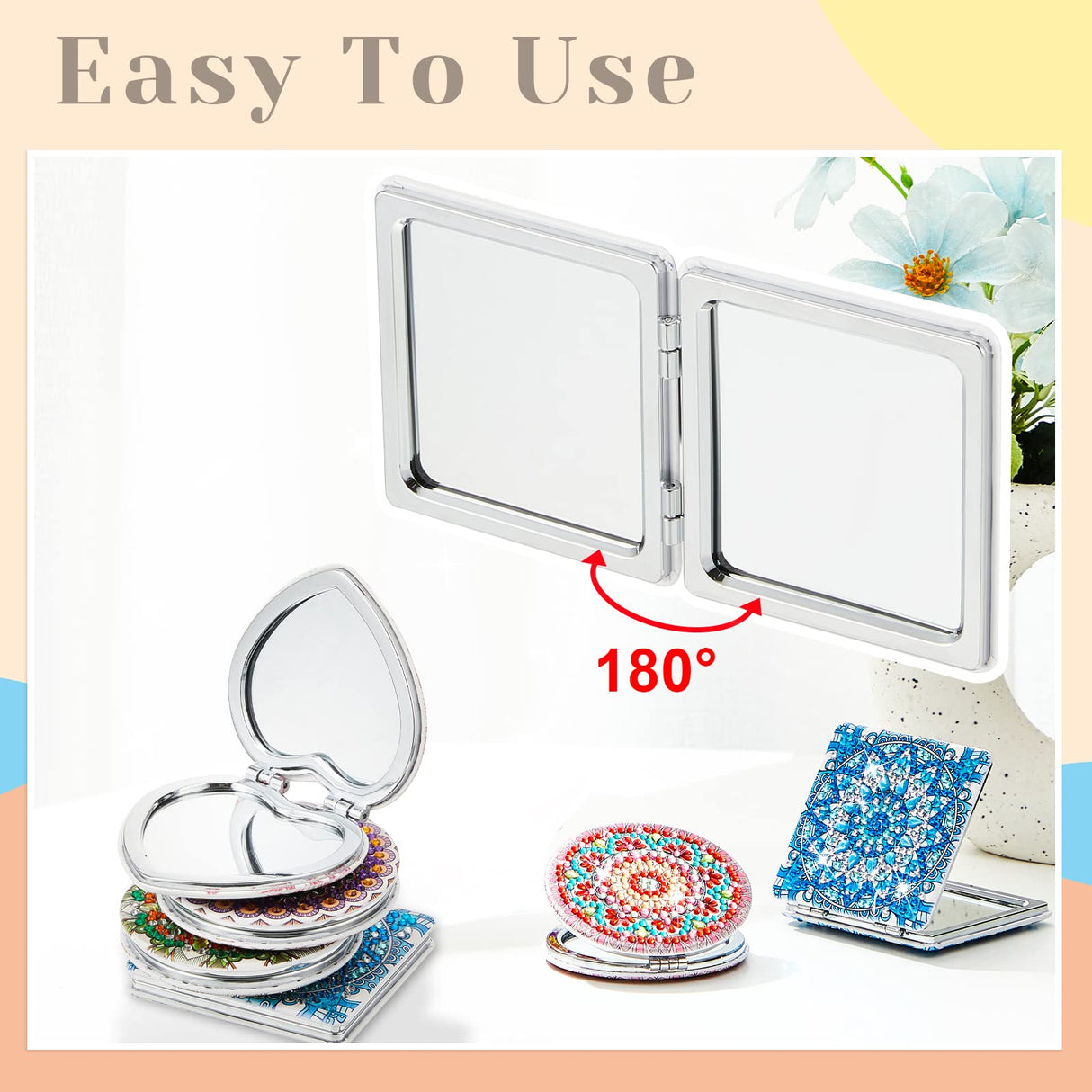 Marsui 4 Pcs Diamond Painting Compact Mirror DIY Painting Pocket Portable Folding Purse Mirror for Women Diamond Art Mom Gifts for Mother's Day Nurse Week Party Favors(Mandala) Marsui