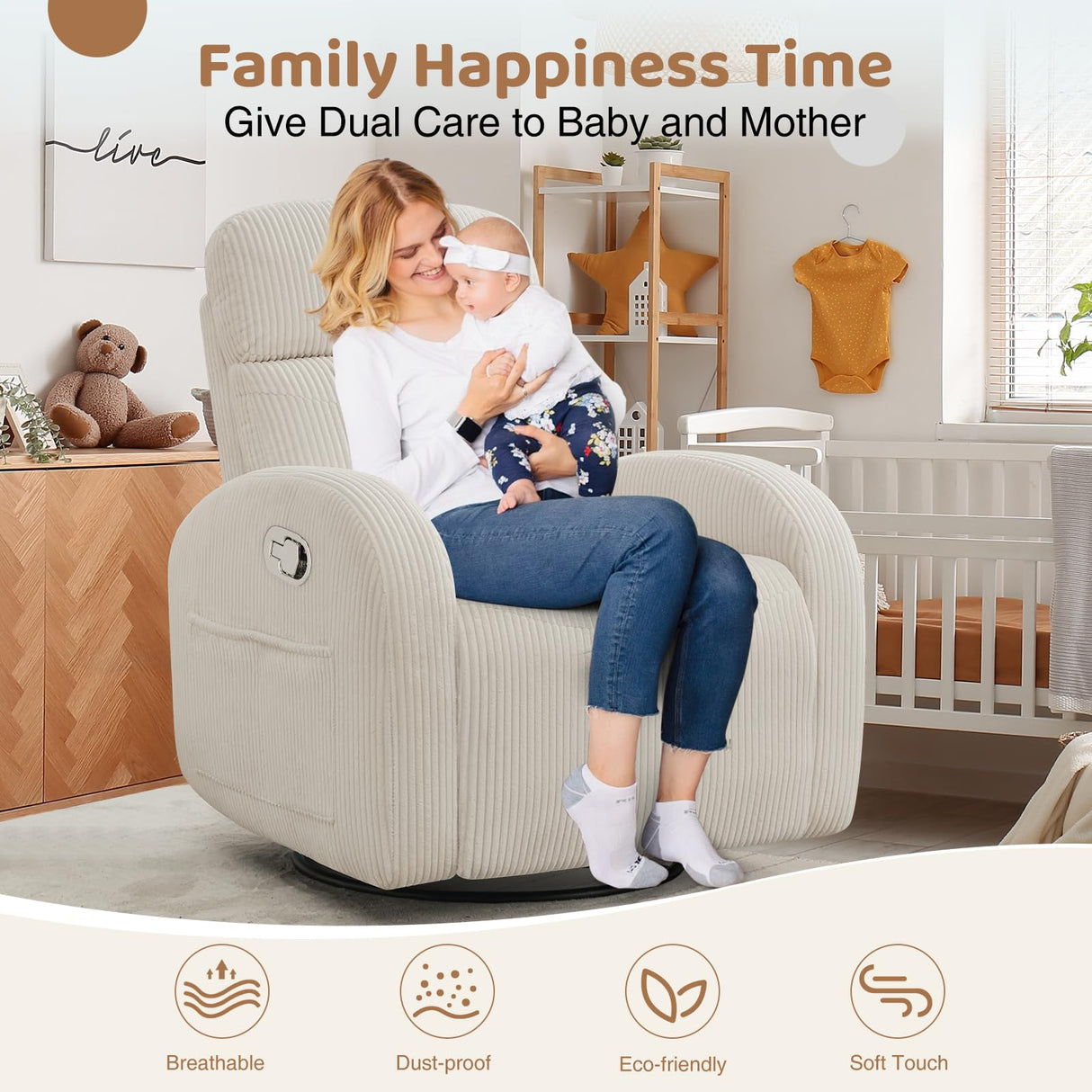 AEMEIOS Swivel Recliner Rocker Nursery, Nursering Glider Recliner, Manual Swivel Rocking Reclining with Double Pockets for Living Room, Corduroy Cream White AEMEIOS