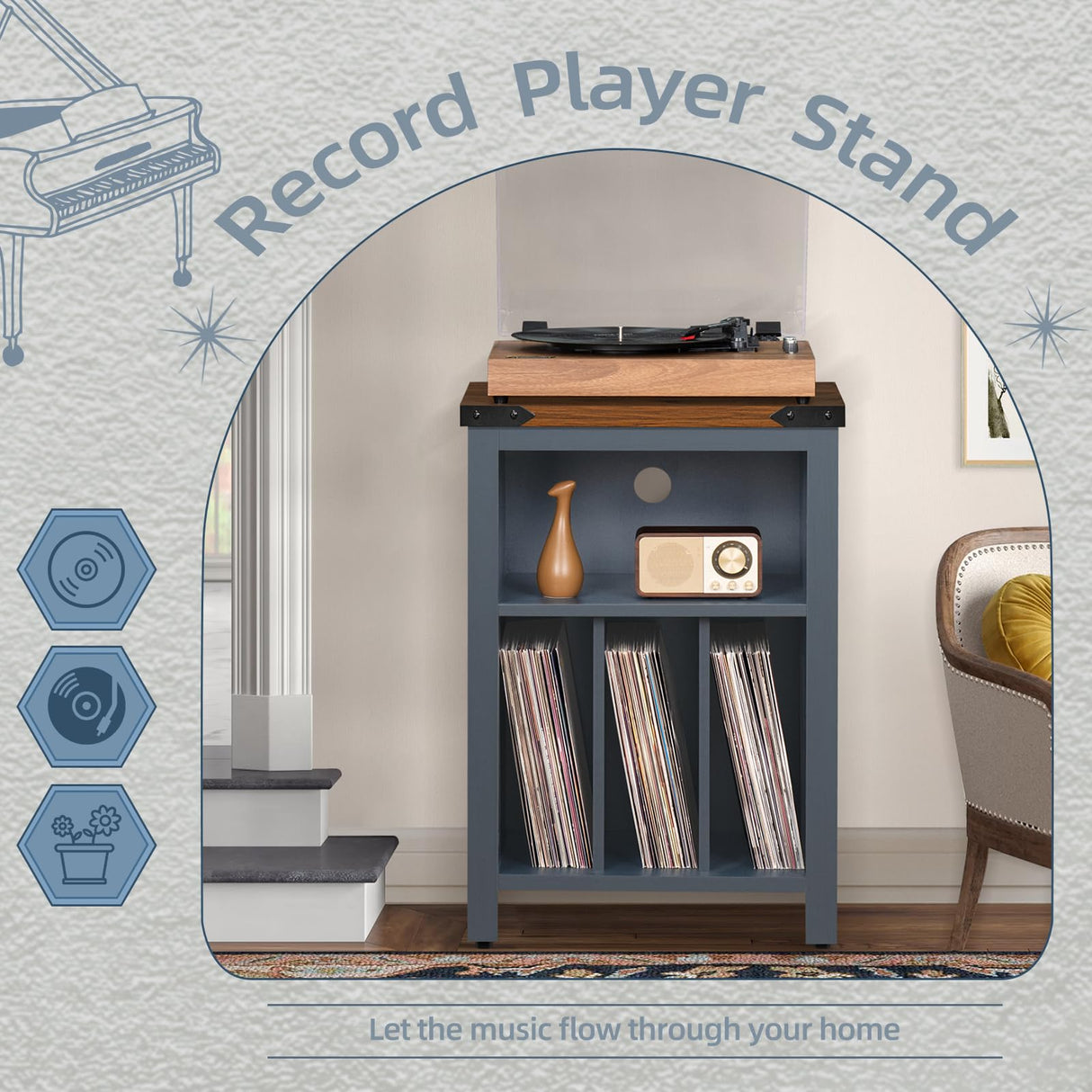 Record Player Stand with Vinyl Record Storage Holds up to 160 Albums,Large Wood Record Player Table Dispaly Shelf,Blue Turntable Stand Cabinet for Living Room,Bedroom,Office 9 Joaxswe