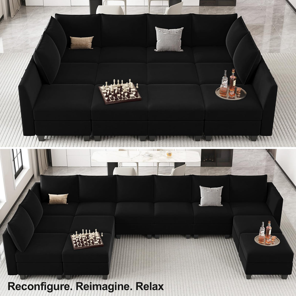 Belffin Oversized Modular Sectional Couch Sleeper Sofa with Storage Velvet Sectional Sofa Bed for Living Room, 12 Seats, Black Belffin