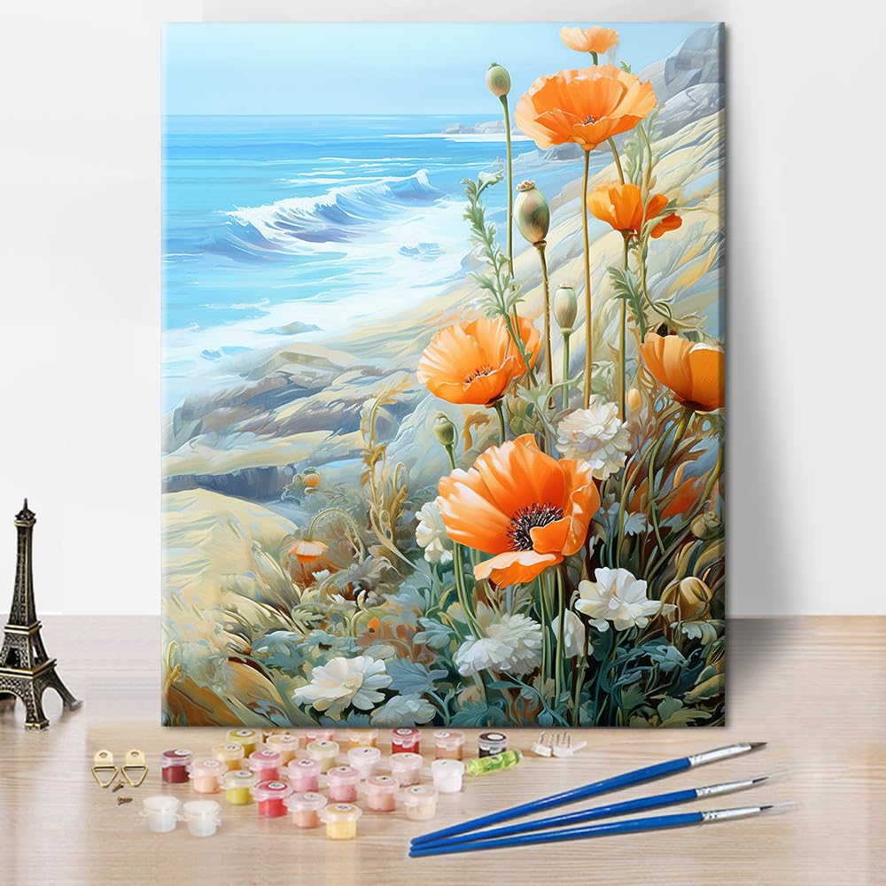 TUMOVO Paint by Numbers for Adults Beginner Flowers Paint Number Kits - Poppies and Daisies, Sea View - DIY Oil Painting Kits - Gift for Kids, 16 x20 Inch TUMOVO