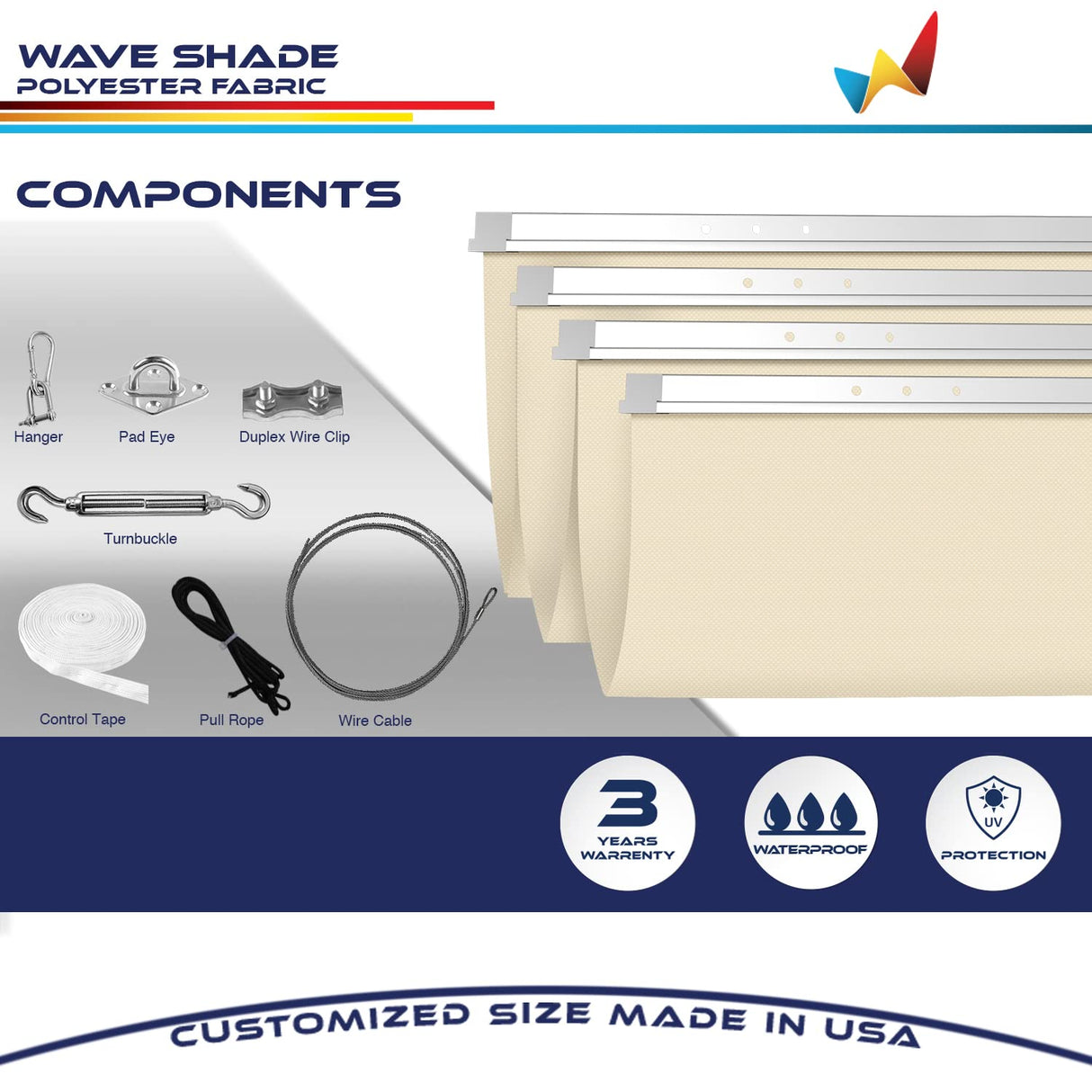 Windscreen4less 4' x 16' Waterproof Retractable Sun Shade Canopy Cover Sliding Wave Shade Sail for Pergola Patio Deck Yard Gazebo Outdoor (Beige) Windscreen4less