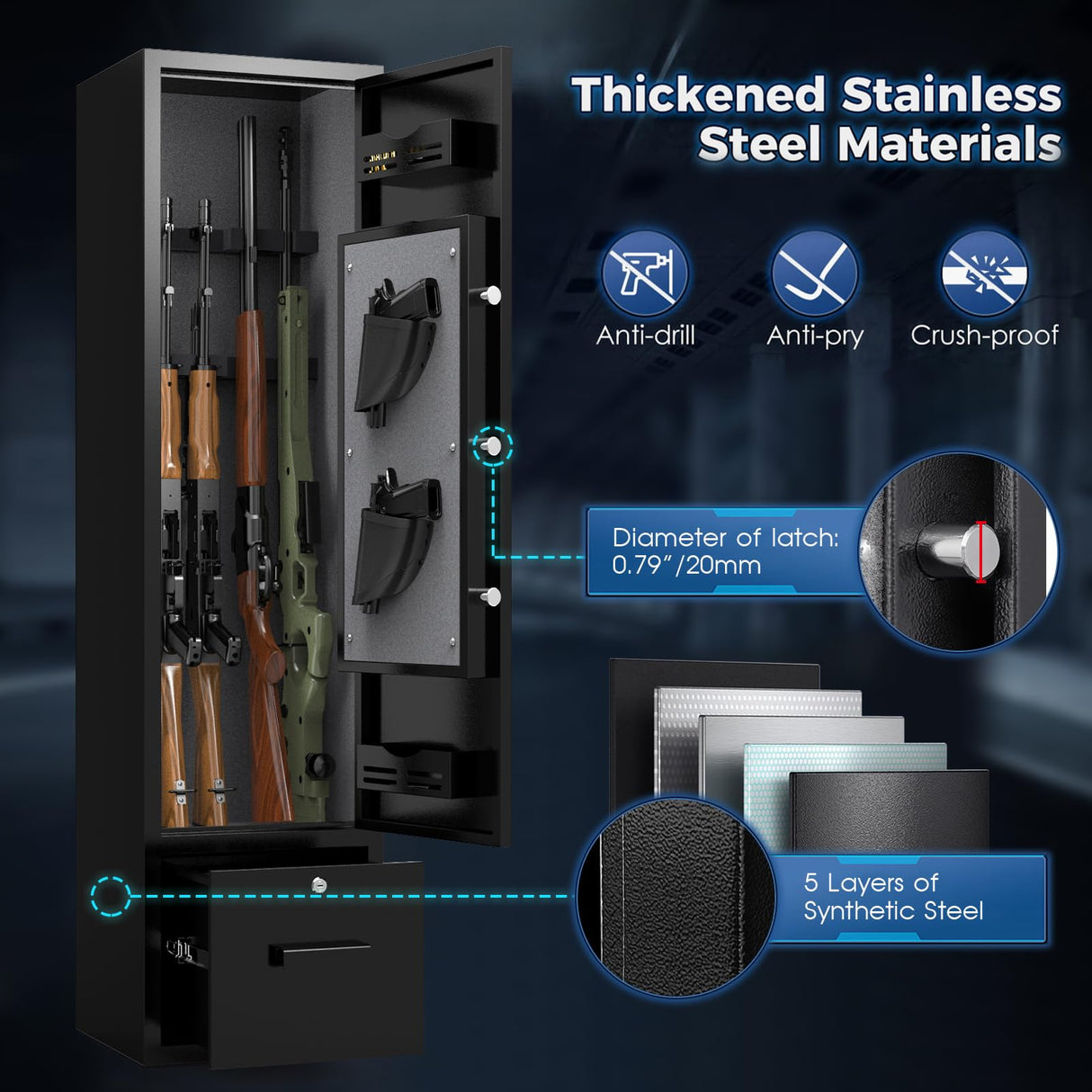 Marcree Gun Safe for Home Rifle and Pistols, Quick Access Biometric Rifle Safe with Dual Alarm & Mute Mode, Gun Cabinets for Rifles and Shotguns, Rifle Safe with 2 Movable Gun Racks, Pistol Pockets Marcree