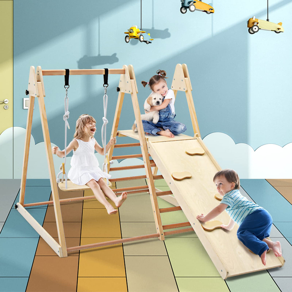 OLAKIDS Toddlers Triangle Climbing Set, 4 in 1 Foldable Kids Wood Montessori Climber Ladder with Ramp, Slide and Swing, Indoor Playground Jungle Play Gym Structure for Boys Girls Olakids