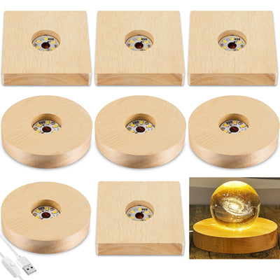 Honoson 8 Pcs Wooden LED Display Base Lighted Base for Crystal Art Wood Display Lighted Base for Glass Art LED Lighted Base for Display 3D Crystal Glass Warm Light (Round and Square Surface Style)
