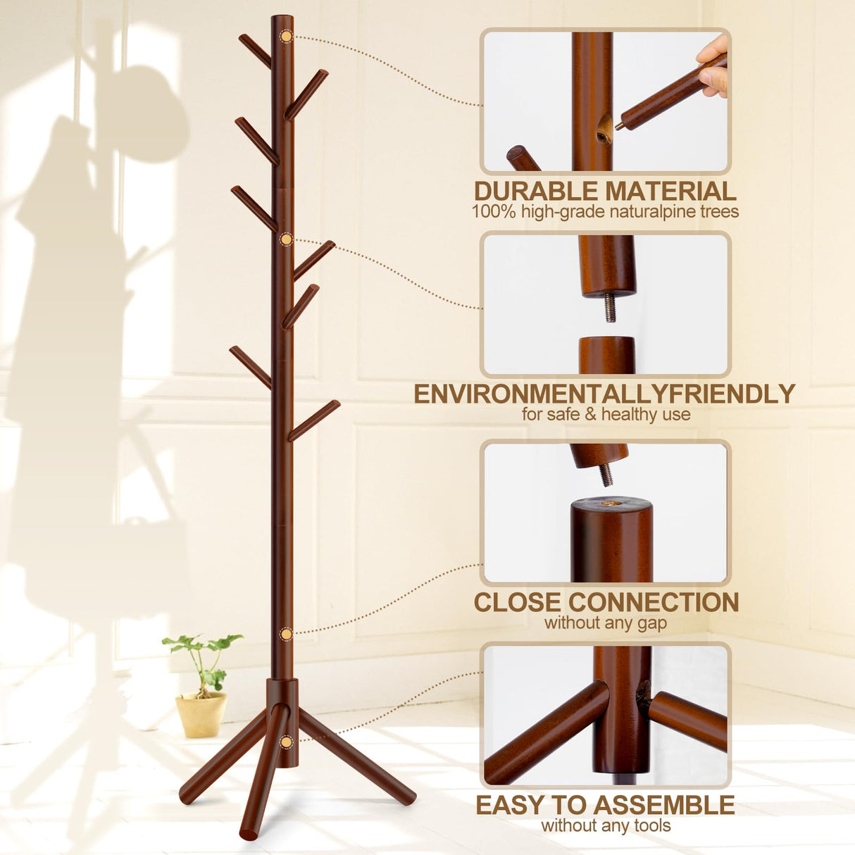 Freyawin Solid Wooden Coat Rack Freestanding, New Zealand Pine Coat Tree with 8 Hooks & 3 Adjustable Sizes for Coats, Hats, Handbags and Scarves, Space Saving for Entryway/Office/Bedroom (Brown) Freyawin