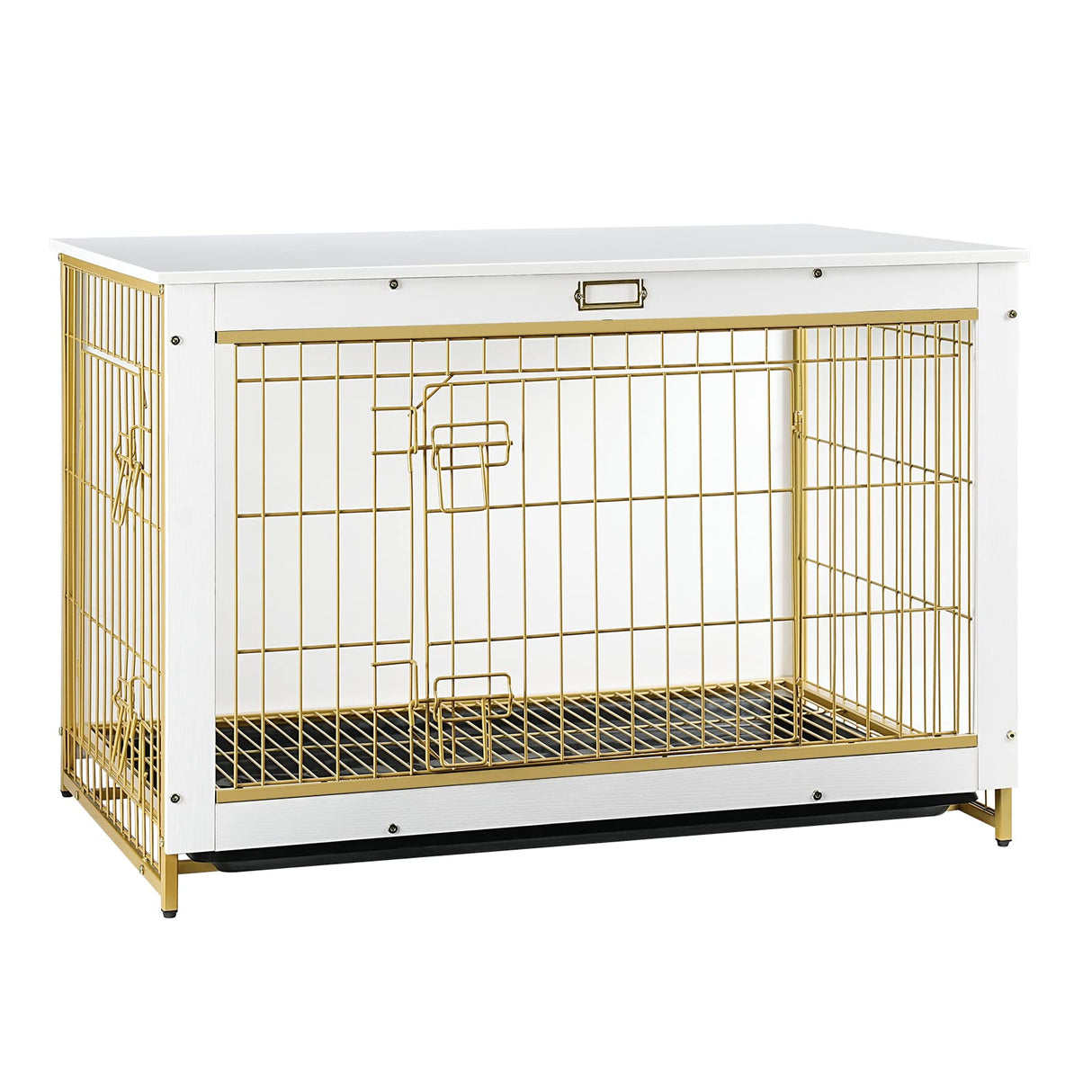 HOOBRO Dog Crate Furniture, 38.6" Large Dog Kennel Indoor, Wooden Dog Crate with Pull-Out Tray, Double Doors Dog House, Modern Side End Table for Small/Medium/Large Dog, White DW982GW03 HOOBRO