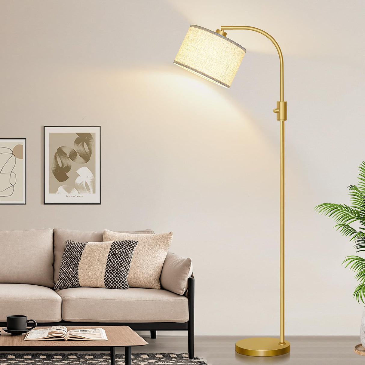 【Upgraded】 Dimmable Gold Floor Lamp, 1200 Lumens LED Bulb Included, Arc Floor Lamps for Living Room Modern Standing Lamp with Linen Shade, Tall Lamp for Living Room Bedroom Office Reading Room Nursery Nintiue