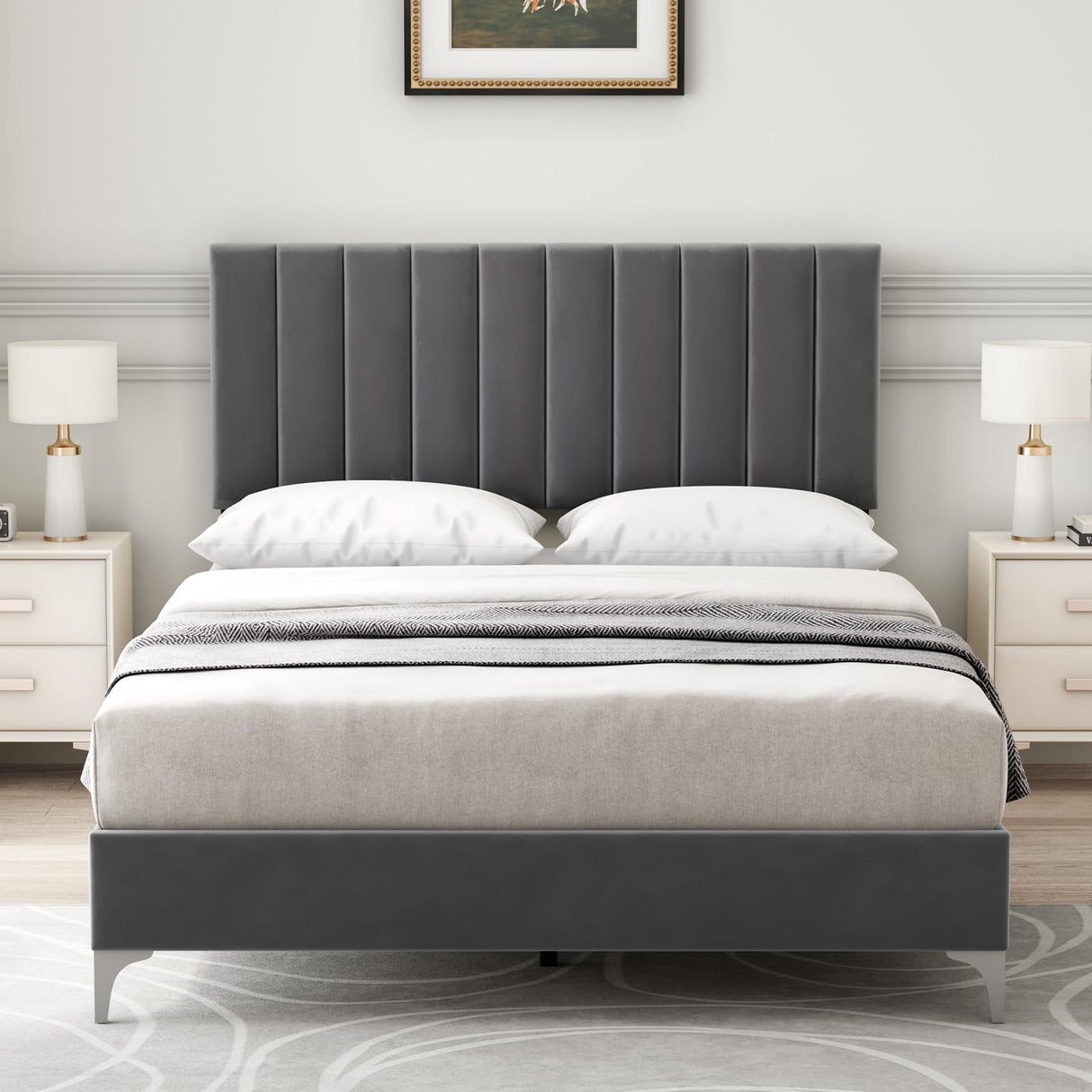 IDEALHOUSE Full Size Bed Frame with Adjustable Headboard, Velvet Upholstered Platform Bed Frame with Strong Wooden Slats, Non-Slip and Noise-Free, No Box Spring Needed, Easy Assembly, Grey IDEALHOUSE