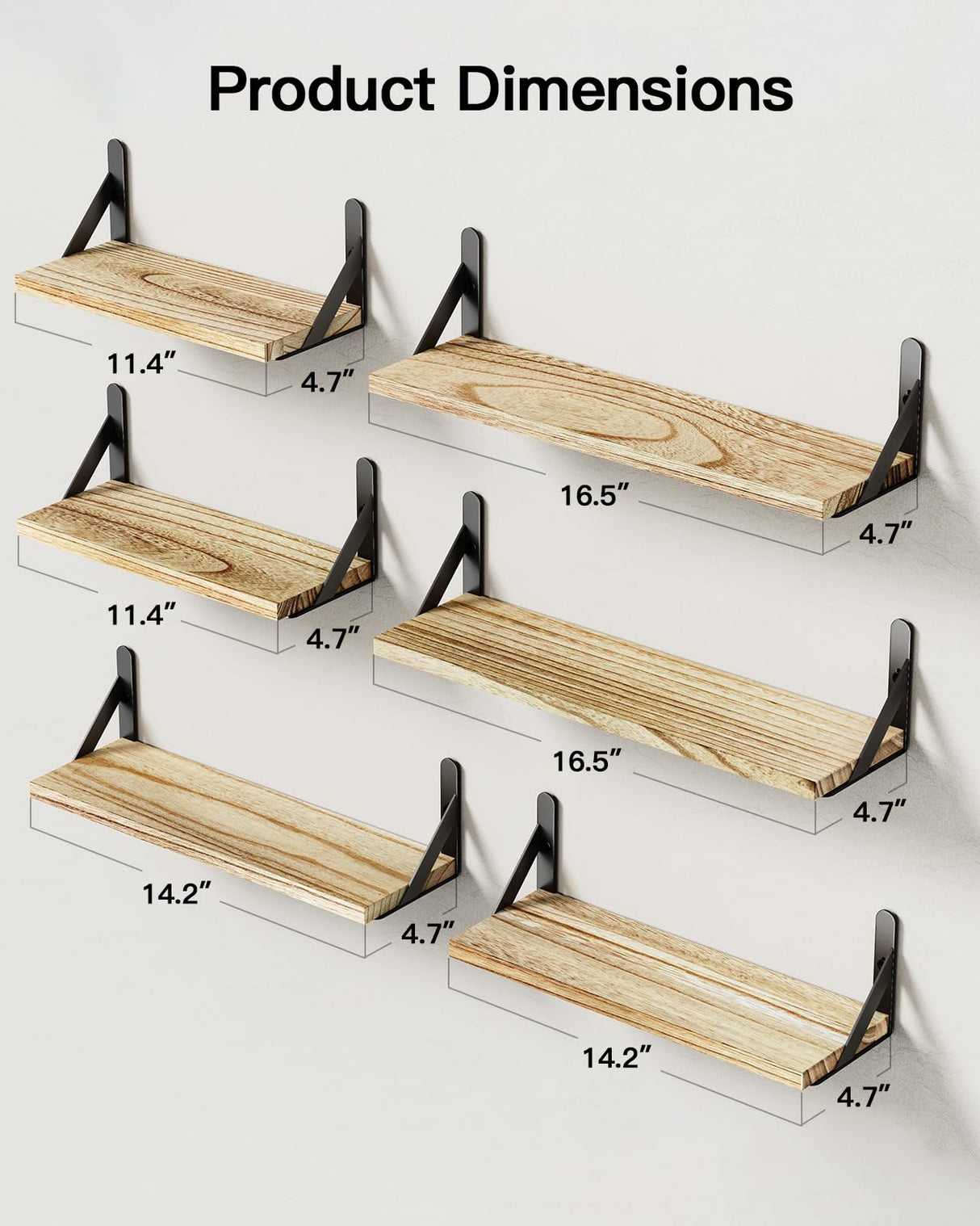 AMADA HOMEFURNISHING Wall Shelves Set of 6, Wood Floating Shelves for Wall Decor, Rustic Farmhouse Wall Shelves for Bedroom, Bathroom Shelves for Wall Storage, Book Shelves for Living Room, Wooden AMADA HOMEFURNISHING
