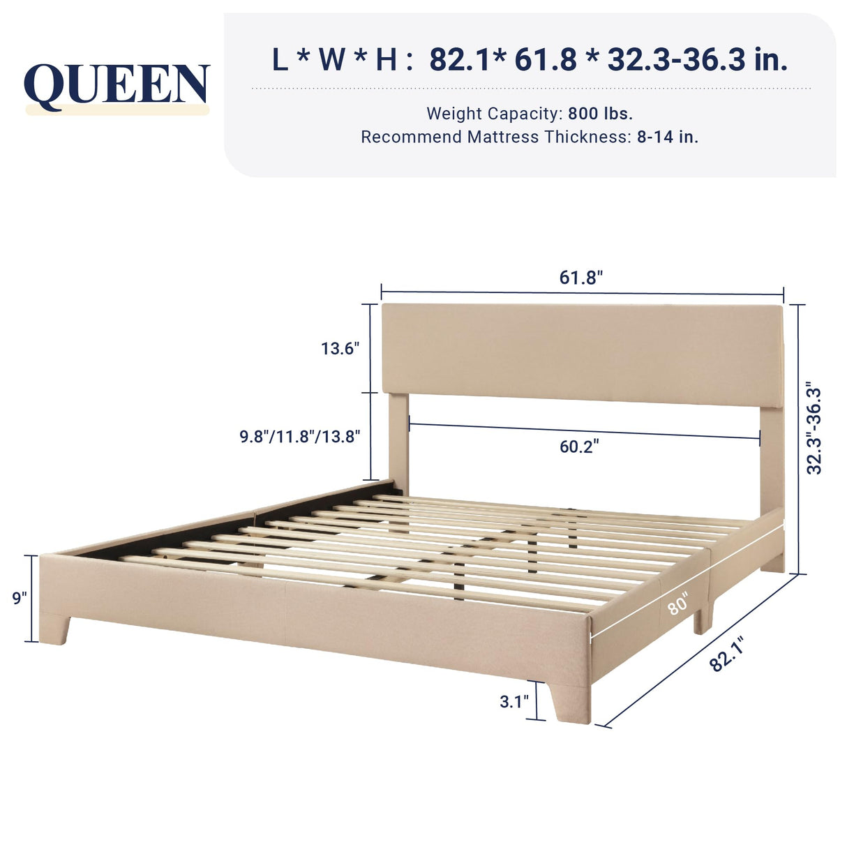 Allewie Queen Size Bed Frame with Adjustable Headboard, Upholstered Platform Bed with Wood Slats, Heavy Duty Mattress Foundation, No Box Spring Needed, Noise-Free, Easy Assembly, Beige Allewie