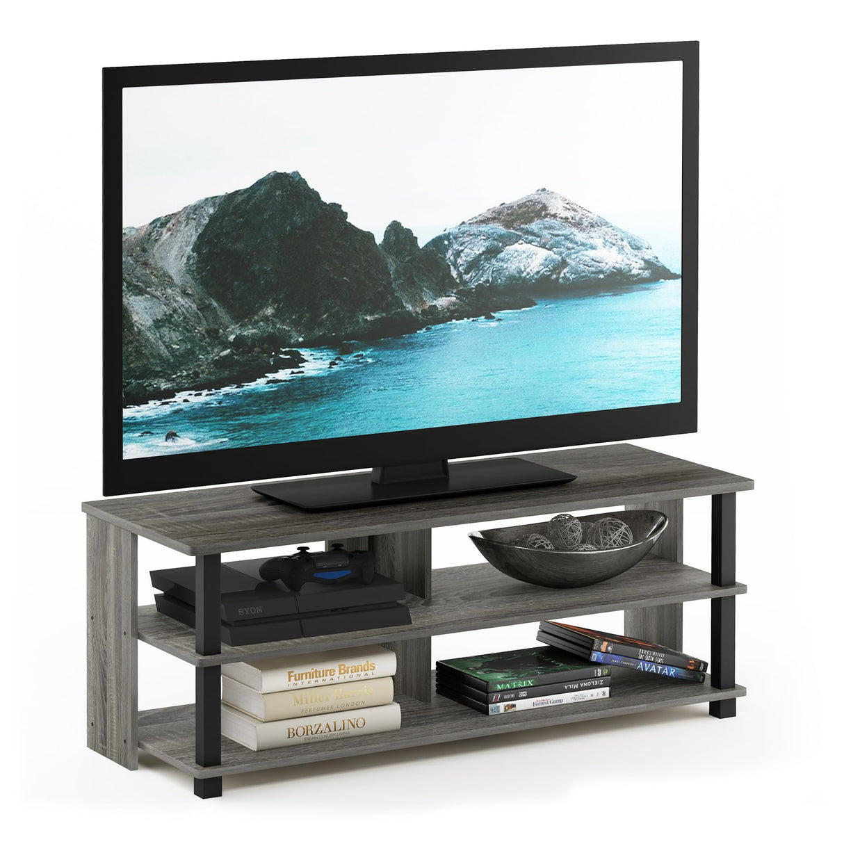 Furinno Sully 3-Tier Stand for TV Up to 48 Inch, French Oak Grey/Black Furinno