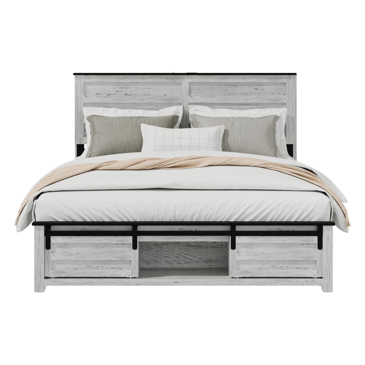 SAMTRA Wooden Full Size Bed Frame with Headboard, Boho White Farmhouse Storage Bedframe with Sliding Barn Door Footboard and Charging Station, Solid Wood Slats, No Box Spring Needed SAMTRA