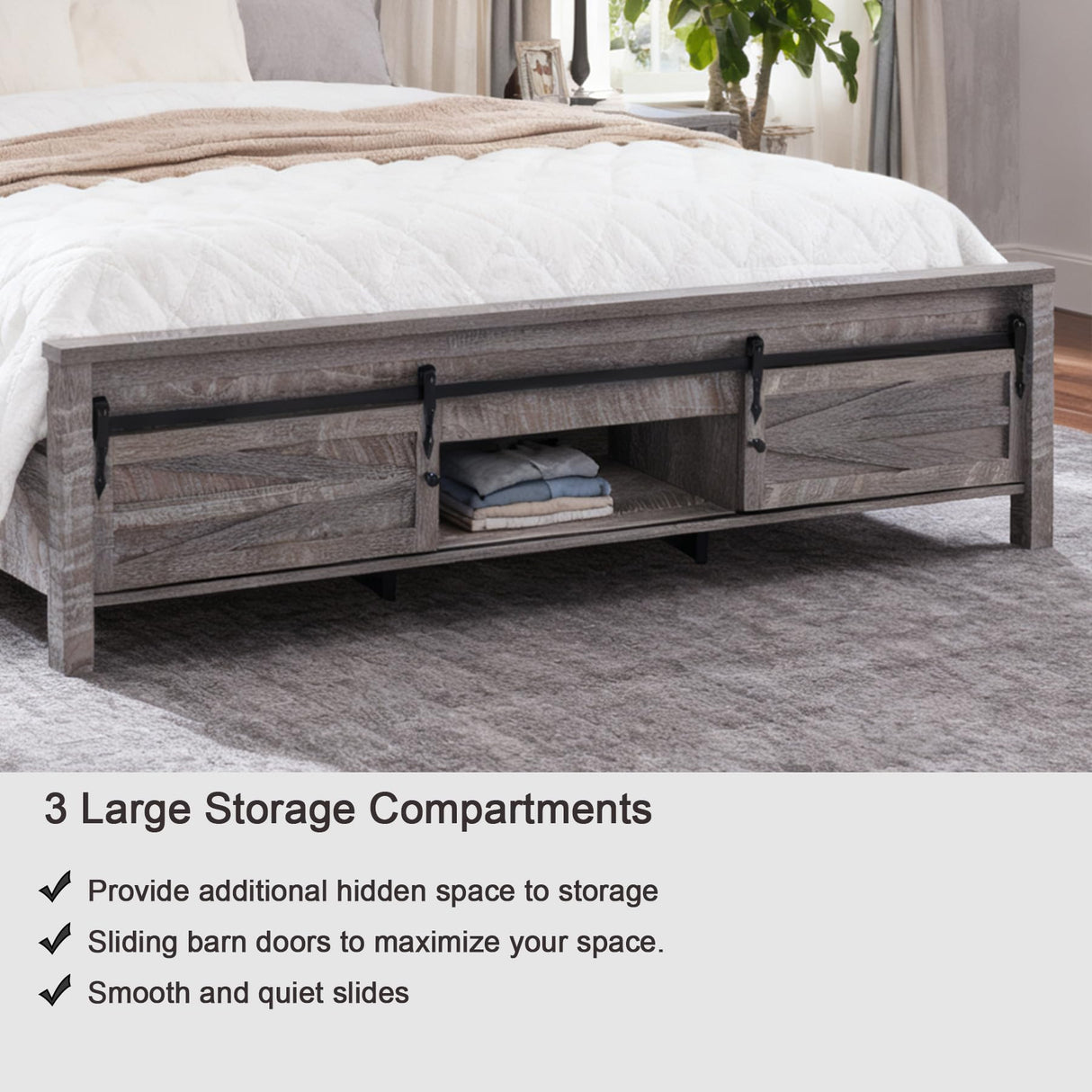 JXQTLINGMU Farmhouse King Size Bed Frame with 47" Tall Headboard, Wood King Bed Frame with Storage Cabinet, Solid Wood Slats Support, Noiseless, No Box Spring Needed (Grey) JXQTLINGMU
