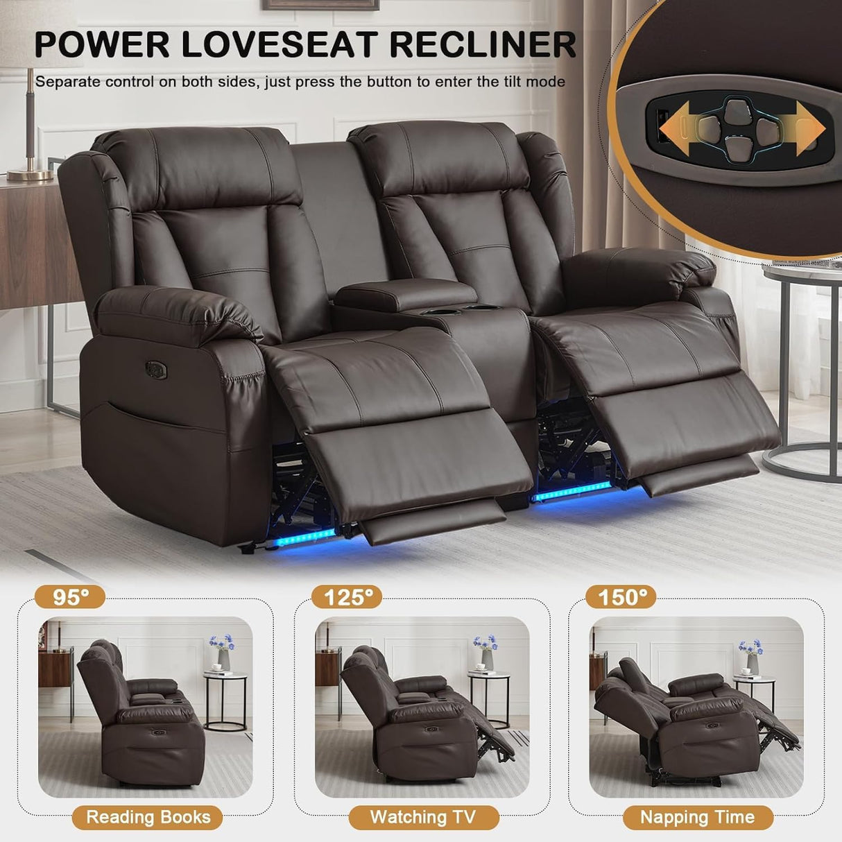 Power Loveseat Recliner Sofa, Home Theater Seating with Console,Reclining Loveseat Sofa RV Couch with LED Lights, Cup Holders, USB, Drawer, Faux Leather for Living Room WISHDEER