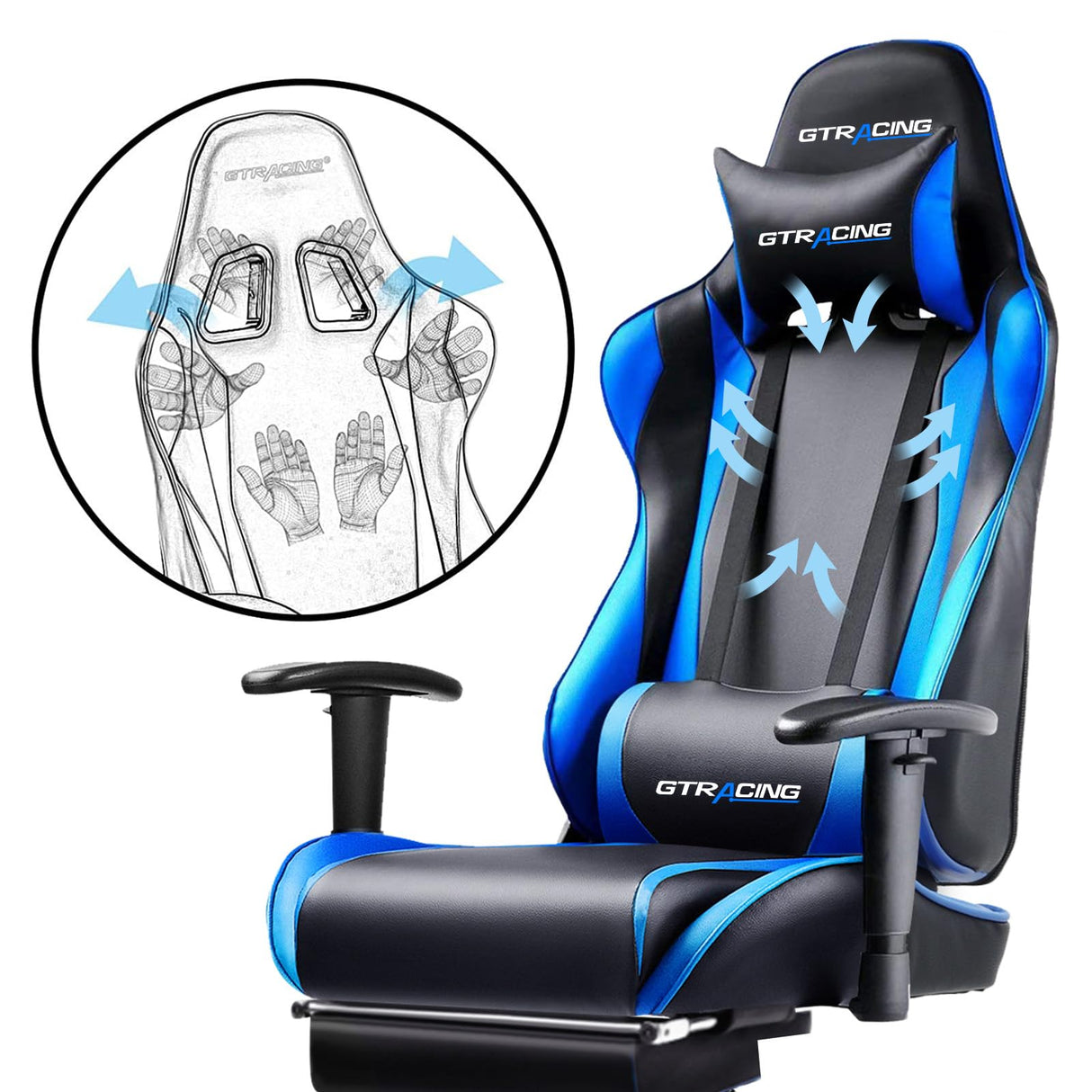 GTRACING Gaming Chair with Footrest, Ergonomic Computer Game Desk Chair, Reclining Gamer Chair Seat Height Adjustment, Swivel Rocker with Headrest and Lumbar (Navy Blue) GTRACING