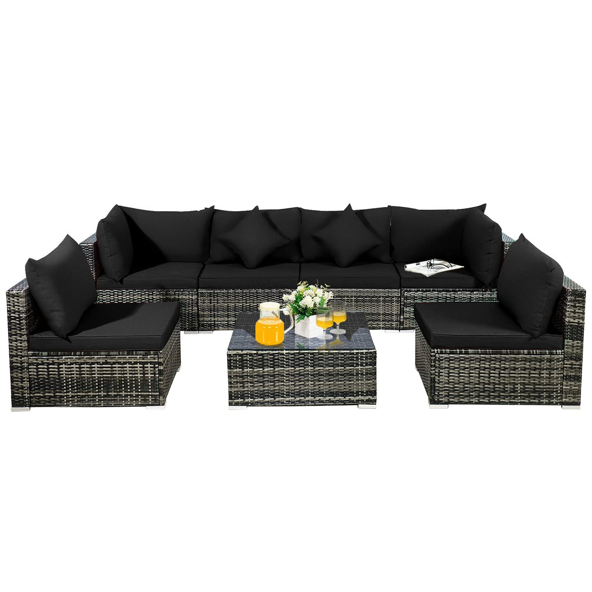 Tangkula 7 Pieces Patio Rattan Furniture Set, Patiojoy Outdoor Conversation Set with Cushions and Tempered Glass Coffee Table, All-Weather Sectional Sofa Set for Garden, Lawn, Backyard (Black) Tangkula
