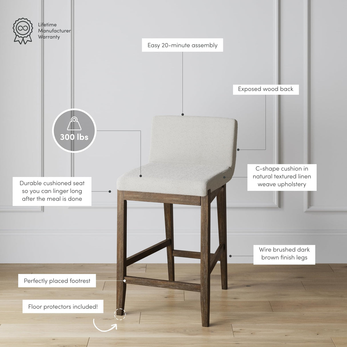 Nathan James Gracie Modern Counter Height Bar Stool with Back, Counter Stool Upholstered Chair with Natural Textured Linen and Brushed Wooden Legs, Cream Boucle/Dark Brown Nathan James