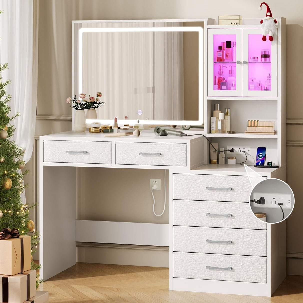 Rolanstar Vanity Desk with Lighted Mirror & Power Outlet, Makeup Vanity with RGB Storage Cabinet, 6 Fabric Drawers & 3 Shelves, 3 Color Modes Dressing Table for Bedroom, Girls, Women, White Rolanstar