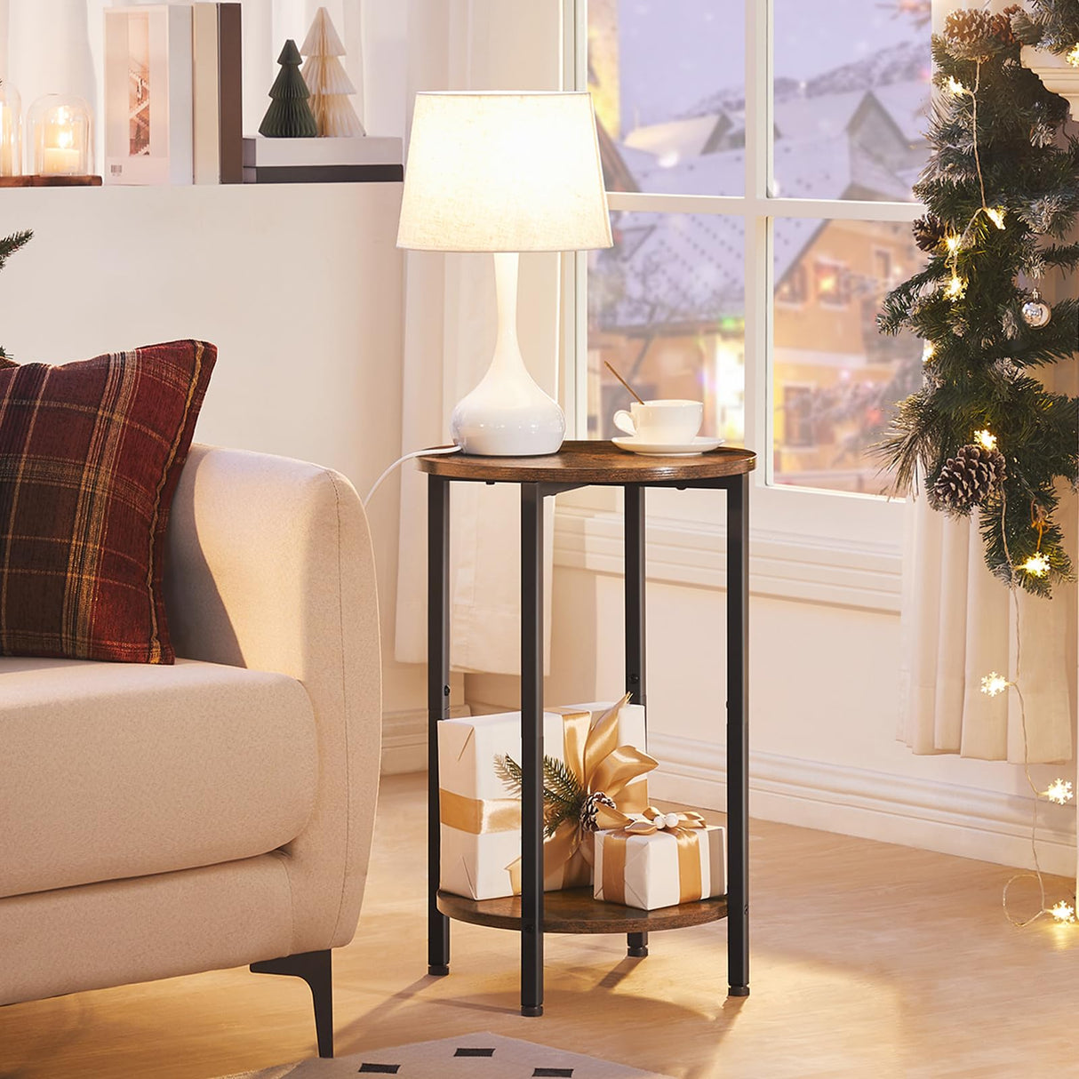 HOOBRO Side Table, Round Sofa Couch Table with Storage Shelf, 2-Tier Industrial End Table, Stable Metal Frame, Wooden Look Accent Table for Small Spaces, Living Room, Bedroom, Rustic Brown BF58BZ01G1 HOOBRO