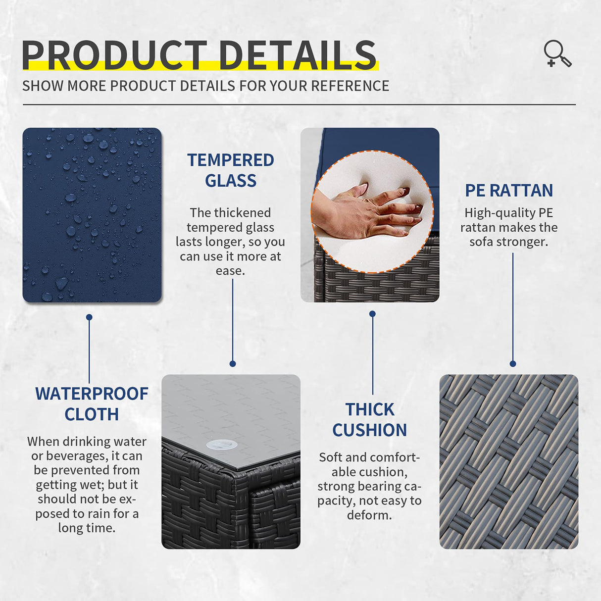 Lviden 7 Pieces Outdoor PE Wicker Furniture Set Patio Rattan Sectional Conversation Sofa Set with Navy Blue Cushions and Glass Top Table Lviden