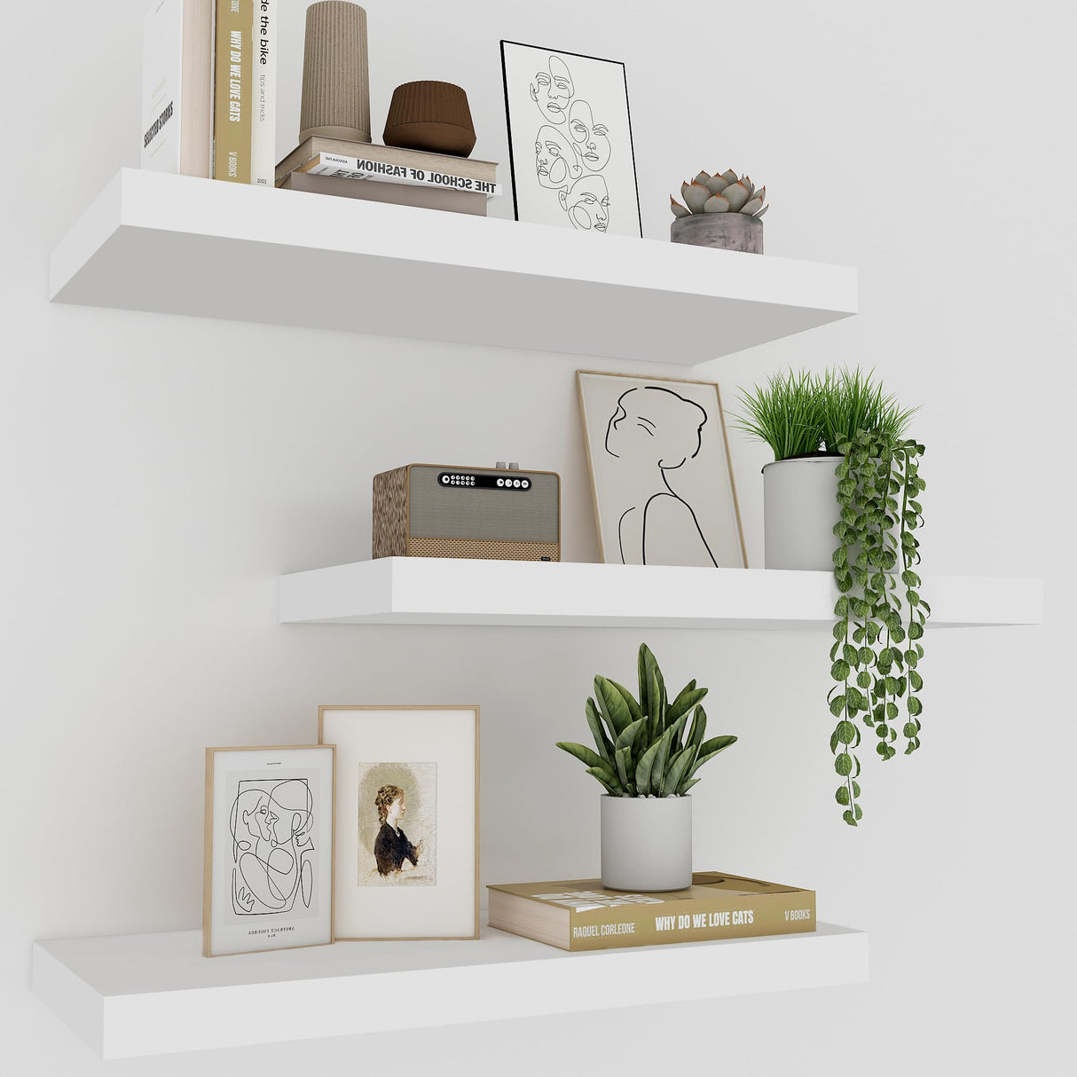 Upassion White Floating Shelves - Set of 3, 16" Wall Mounted Shelves for Home Decor, Living Room, Bedroom, Bathroom, Kitchen Upassion