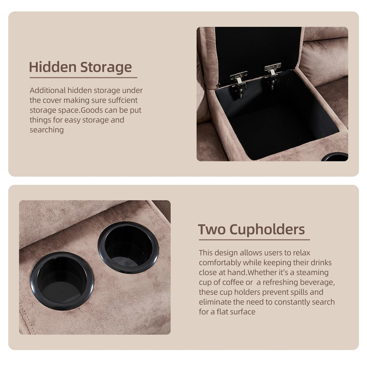 EBELLO Manual Reclining Sectional Sofa Set for Living Room, Soft Fabric Recliner Corner Sectional Couch with Center Console, Cup Holder and Storage, Brown EBELLO