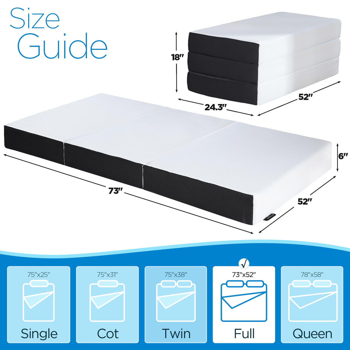 Roxzo Mattress Topper, 6 Inch Memory Foam, Full Size, Tri-fold, Ventilated, Conform Ergonomics, Soft, Portable, Floor Guest Bed, 73x52x6 inches Roxzo