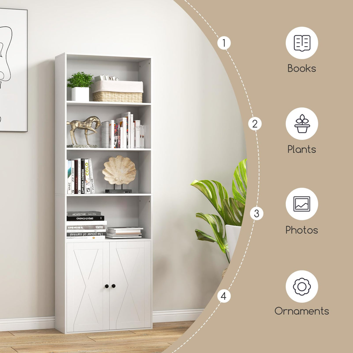 Tangkula Tall Bookcase with Doors, Farmhouse 71" H Freestanding Bookshelf with 6 Shelves & 2-Door Cabinet, Display Shelf with Adjustable Shelf for Living Room Study (White, 71") Tangkula