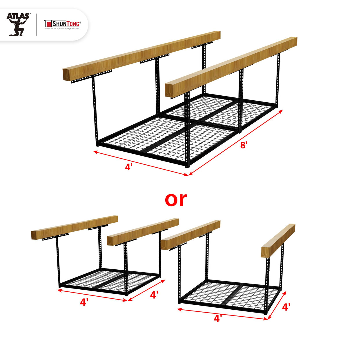 Shuntong The Atlas Pro 4 x 8 ft Overhead Garage Storage Rack, Ultra Duty 1250lbs Weight Capacity, Adjustable Height 26"-48", Hammertone Shuntong