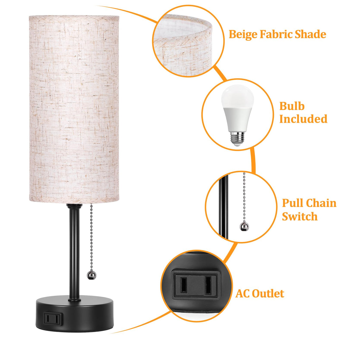 Dott Arts 15" Table Lamp for Bedroom, 3-Color Bedside Lamps with Pull Chain, Bedroom Table Lamps for Nightstand,AC Outlet Small Lamp for Living Room, Bulb Included Dott Arts