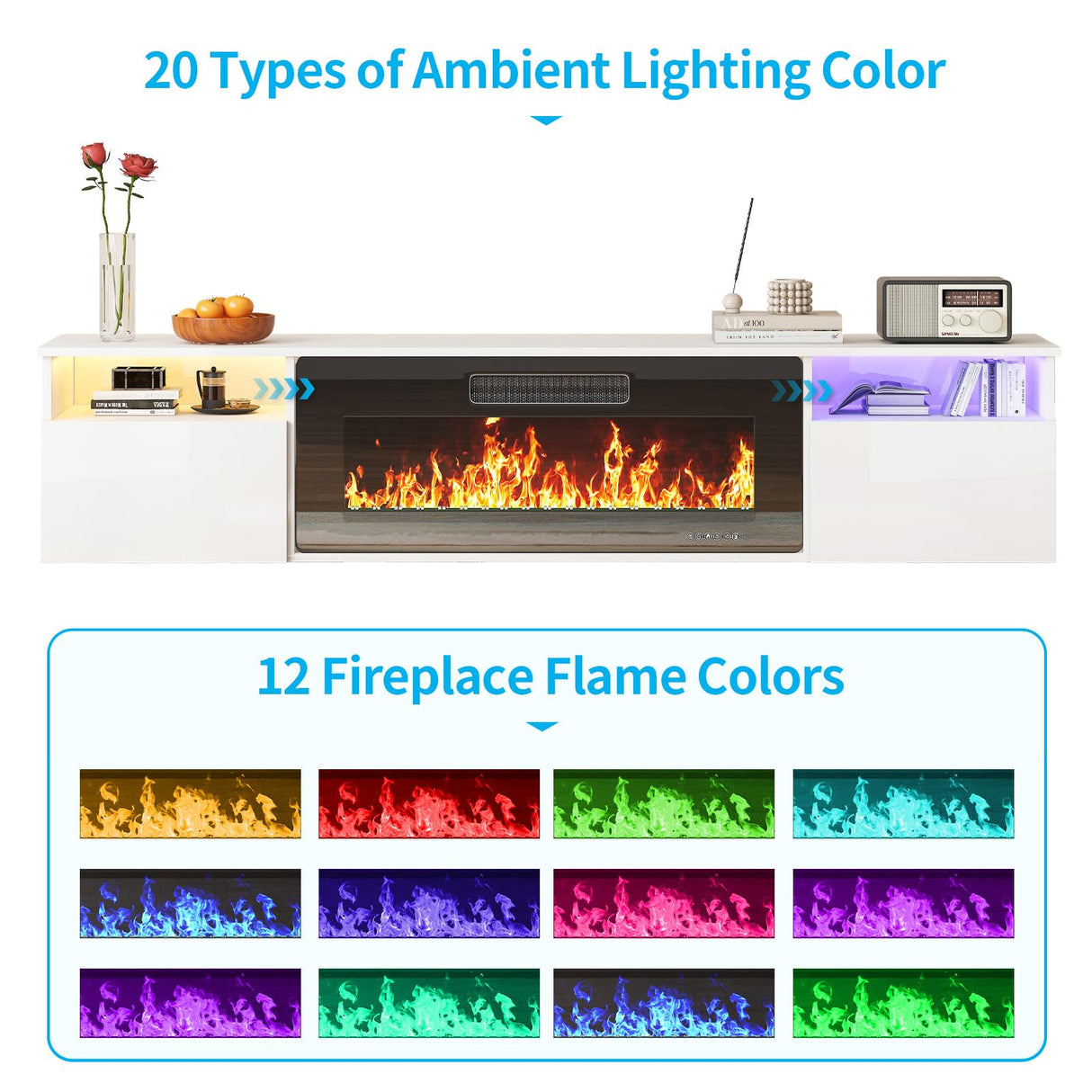 TABU 70" Floating TV Stand with 36" Electric Fireplace Heater, Modern Entertainment Center with High Gloss Finish & LED Ambient Light, for TVs Up to 80", Wall Mounted, White TABU