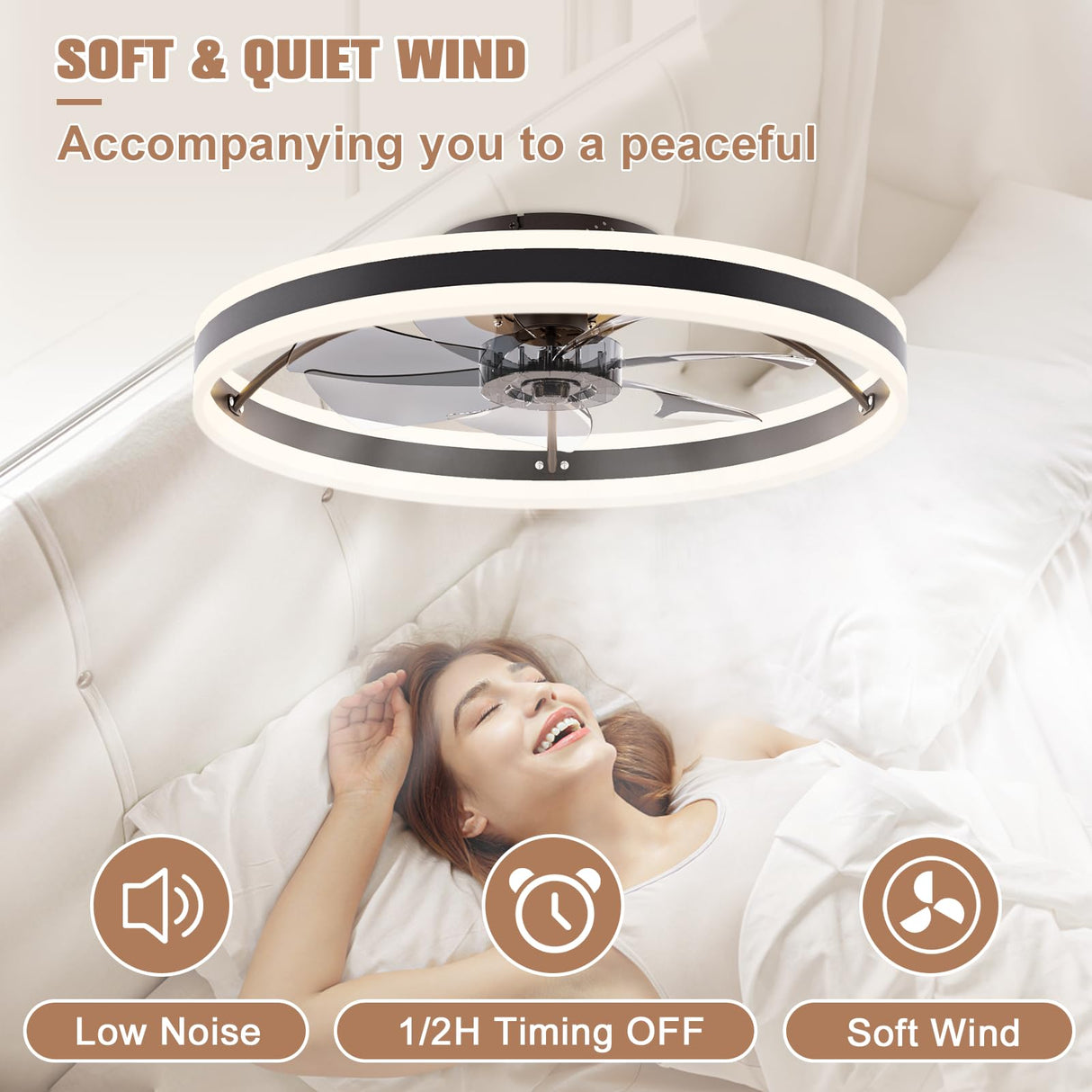 VOLISUN Low Profile Ceiling Fans with Lights and Remote, 23.6in Flush Mount Ceiling Fans with Light, 3000K-6500K Dimmable Fandelier LED Fan Light, Black Bladeless Ceiling Fans with Lights for Bedroom VOLISUN